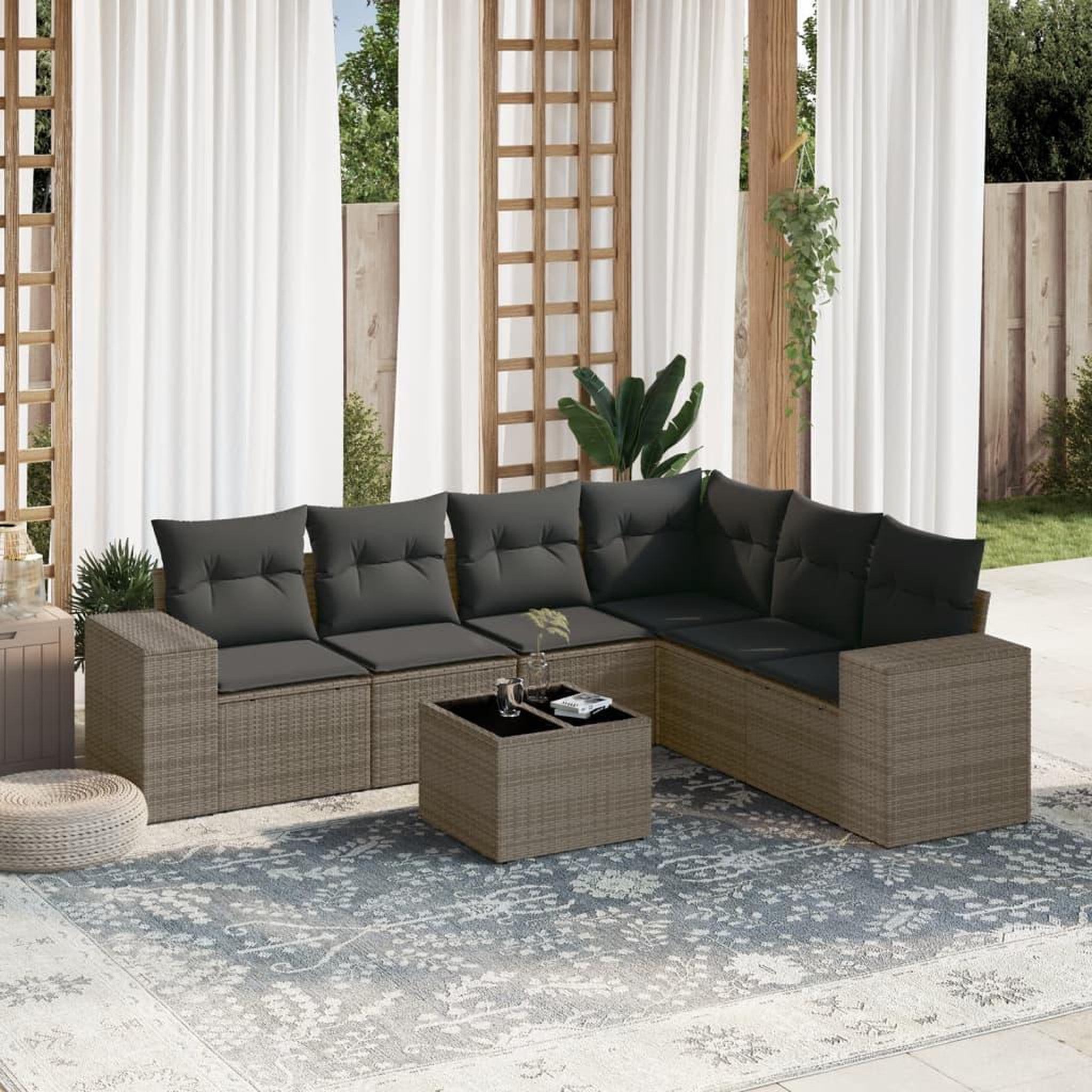 VIDAXL Salon de jardin avec coussins 7 pcs gris resine tressee