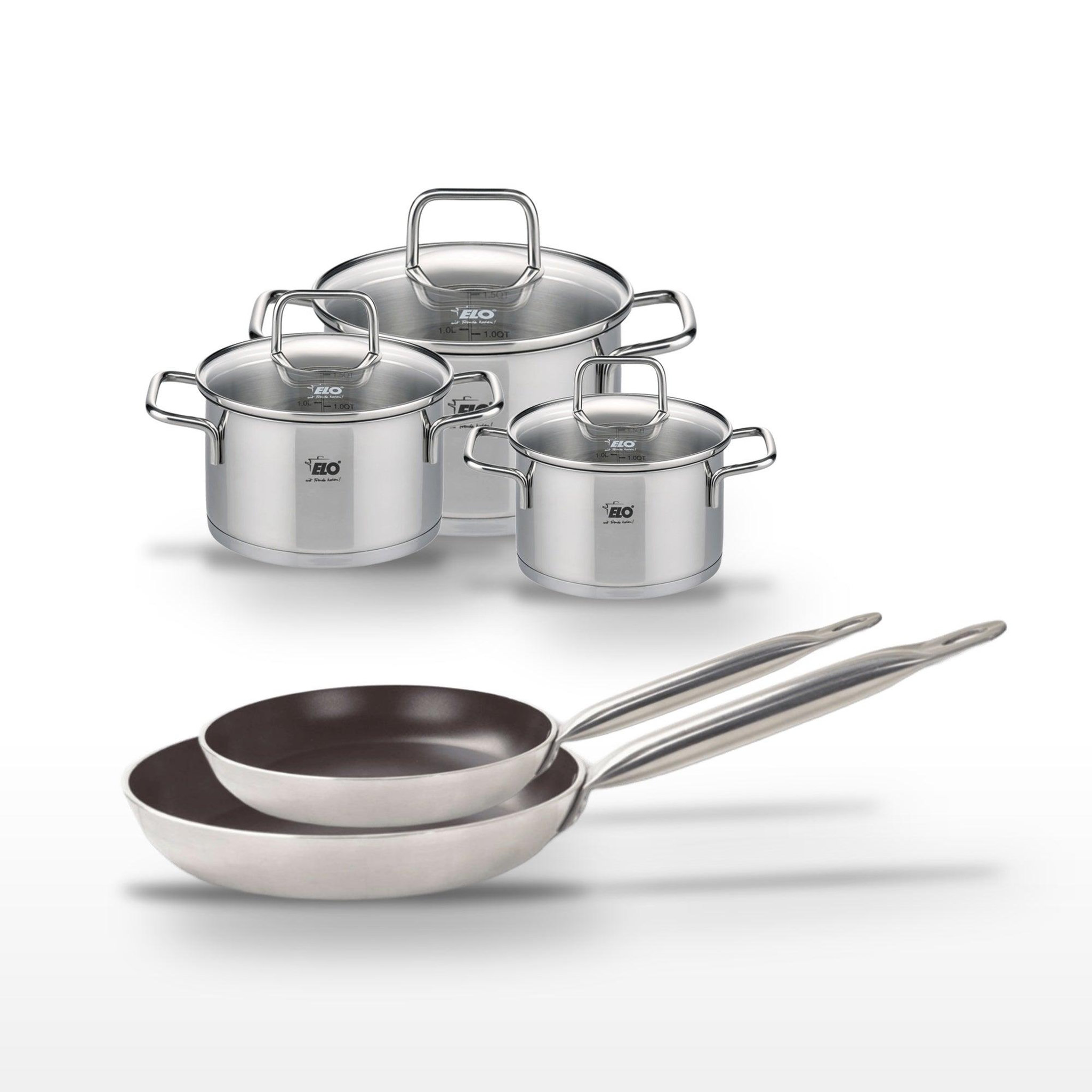 Voir la diapositive 2 : ELO Lot de 2 poêles 24/28 cm et 3 faitouts 14/16/20 cm elo bistro line
