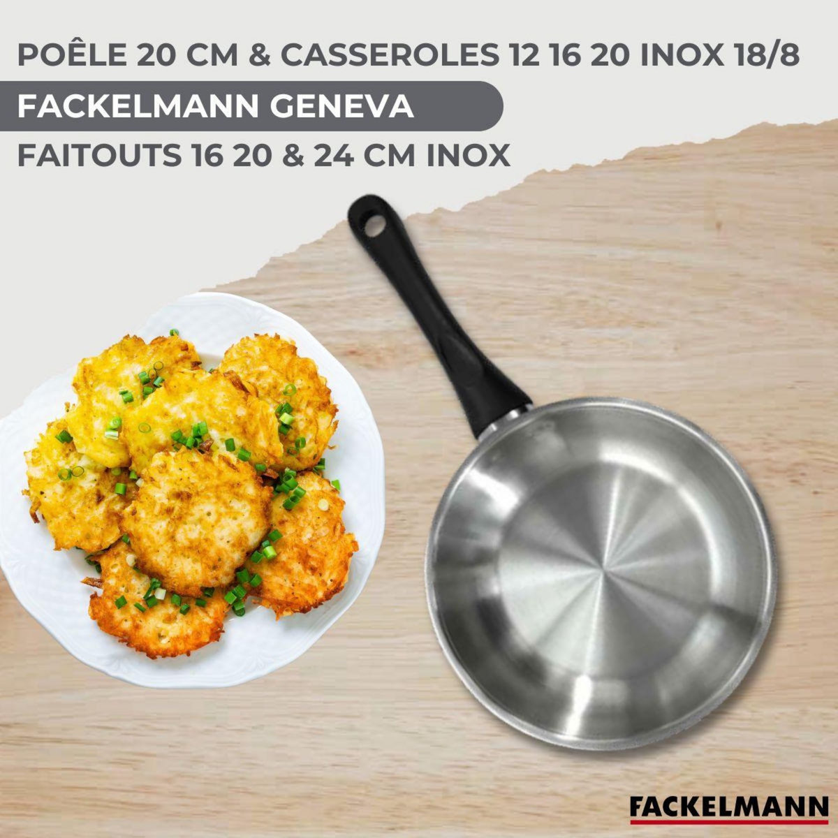 Fackelmann Set 1 poêle 20 cm 3 casseroles 12 16 20 cm, 3 faitouts 16, 20 et 24 cm en inox et 6 ustensiles RPET Fackelmann Geneva