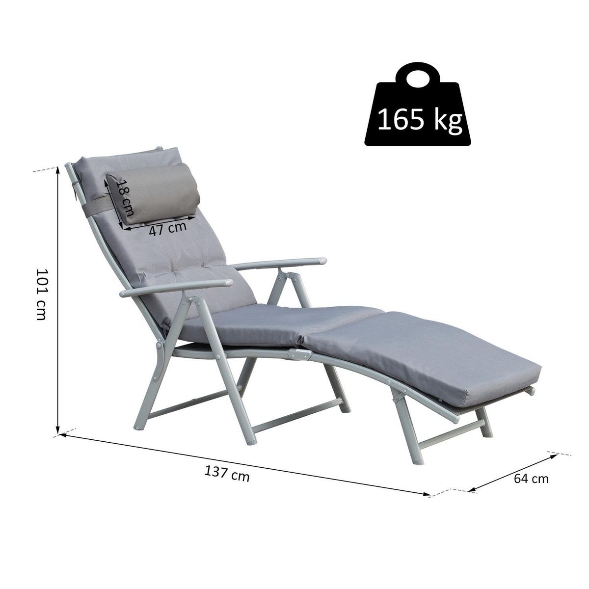OUTSUNNY Bain de soleil pliable transat inclinable 7 positions chaise longue grand confort avec matelas + accoudoirs métal époxy textilène polyester gris