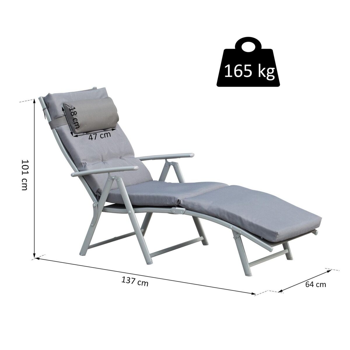 OUTSUNNY Bain de soleil pliable transat inclinable 7 positions chaise longue grand confort avec matelas + accoudoirs métal époxy textilène polyester gris