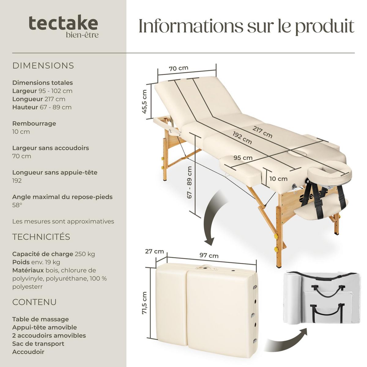 tectake Table de massage portable et pliante à 3 zones largeur 70 cm et rembourrage 10 cm beige