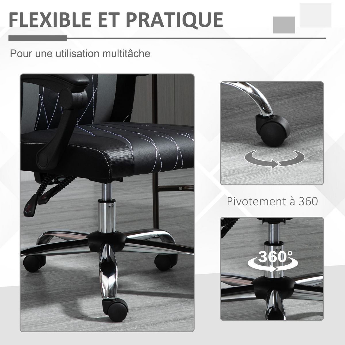 VINSETTO Fauteuil de bureau manager inclinable réglable support lombaires tétière tissu maille polyester PU gris noir