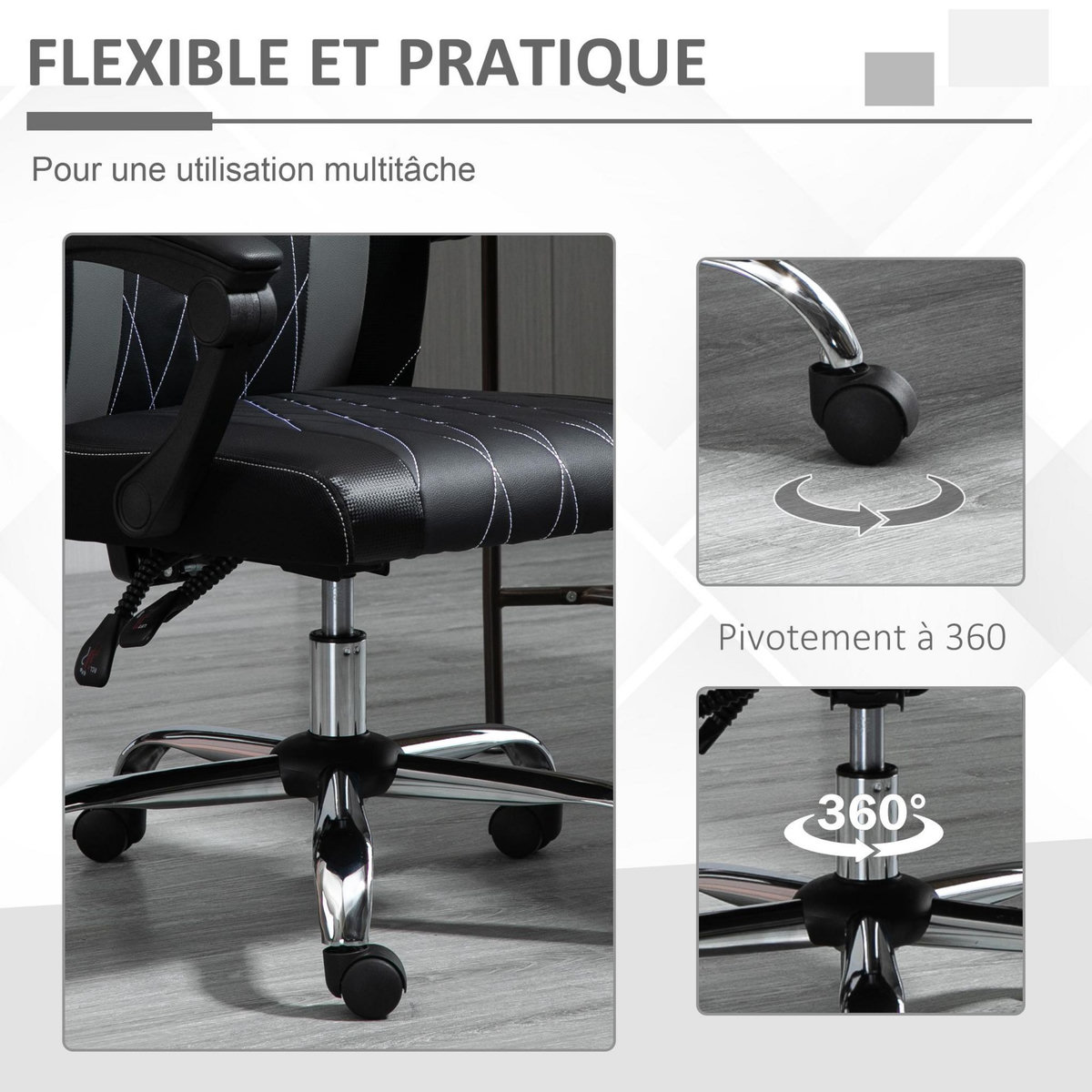VINSETTO Fauteuil de bureau manager inclinable réglable support lombaires tétière tissu maille polyester PU gris noir