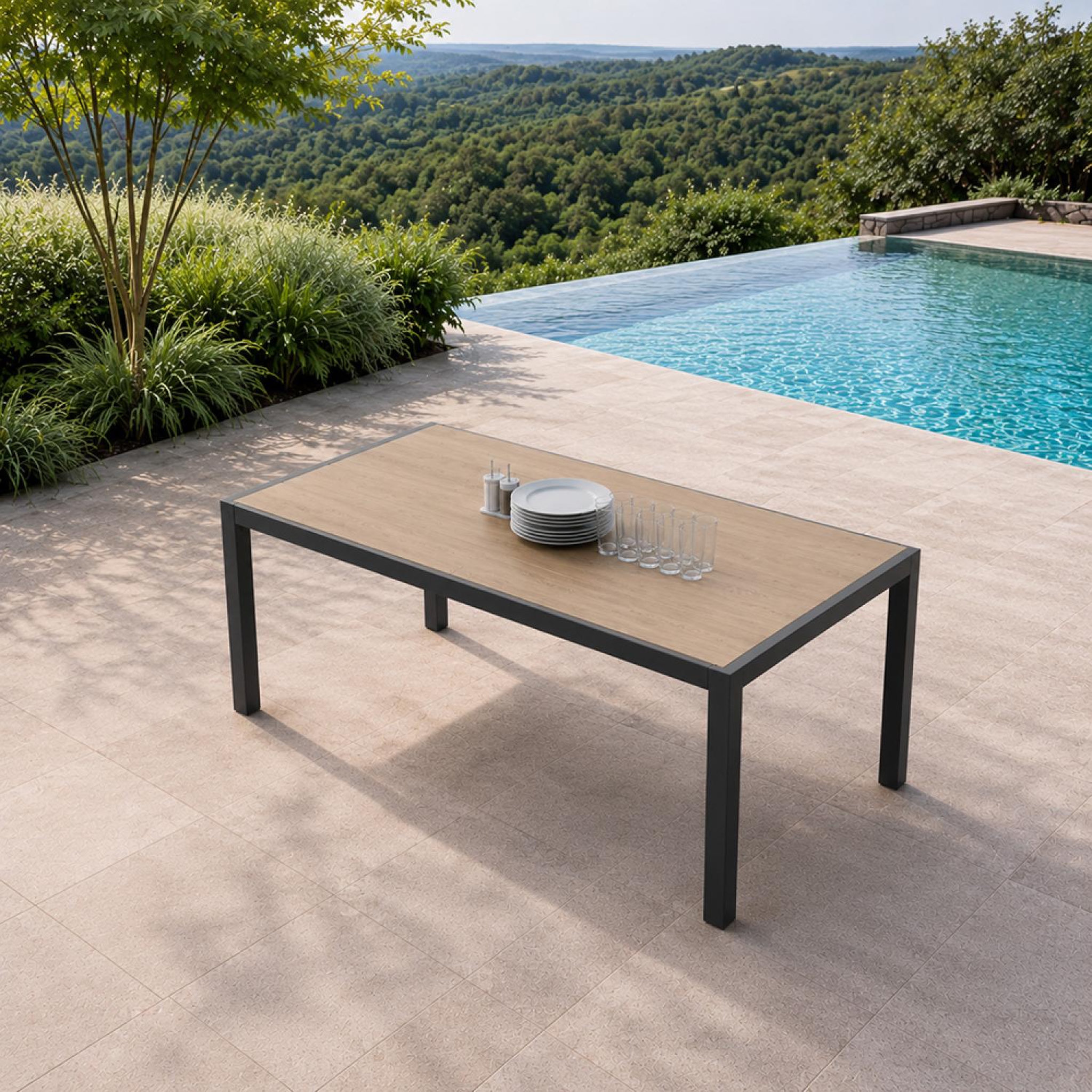 Voir la diapositive 4 : CONCEPT USINE Table de jardin 200cm en aluminium et avec plateau en verre trempé effet bois LAGOS