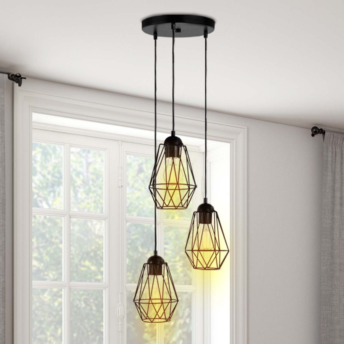 ID MARKET Suspension 3 lampes industrielles forme diamant en métal noir