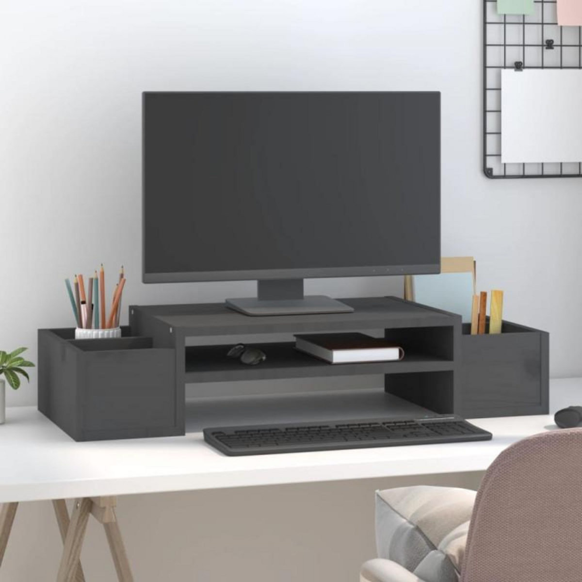 VIDAXL Support de moniteur Gris 70x27,5x15 cm Bois de pin solide