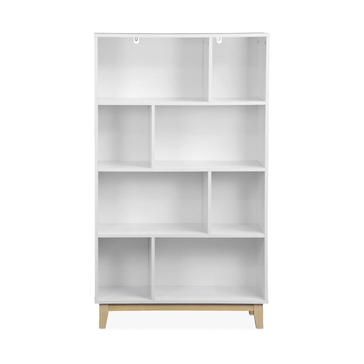 SWEEEK Bibliothèque scandinave blanche. étagère asymétrique - Floki - pieds en bois de sapin. 4 étagères. 8 compartiments. 80x30x138cm