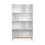 Voir la diapositive 5 : SWEEEK Bibliothèque scandinave blanche. étagère asymétrique - Floki - pieds en bois de sapin. 4 étagères. 8 compartiments. 80x30x138cm