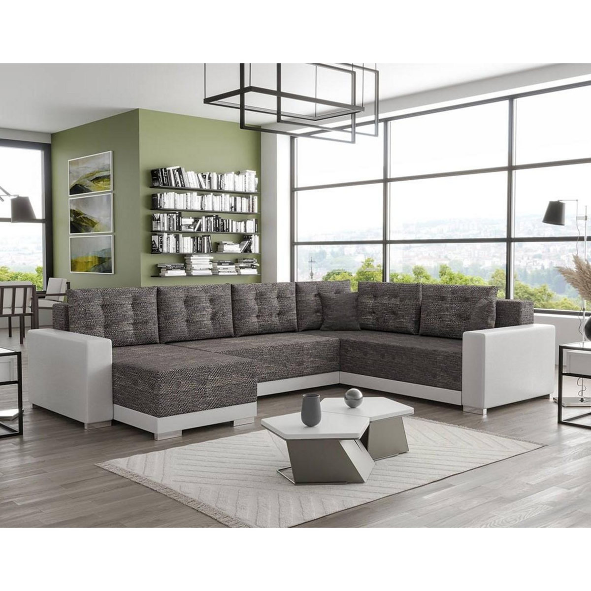 BEST MOBILIER Roger - canapé panoramique d'angle réversible 7 places convertible avec coffre en tissu