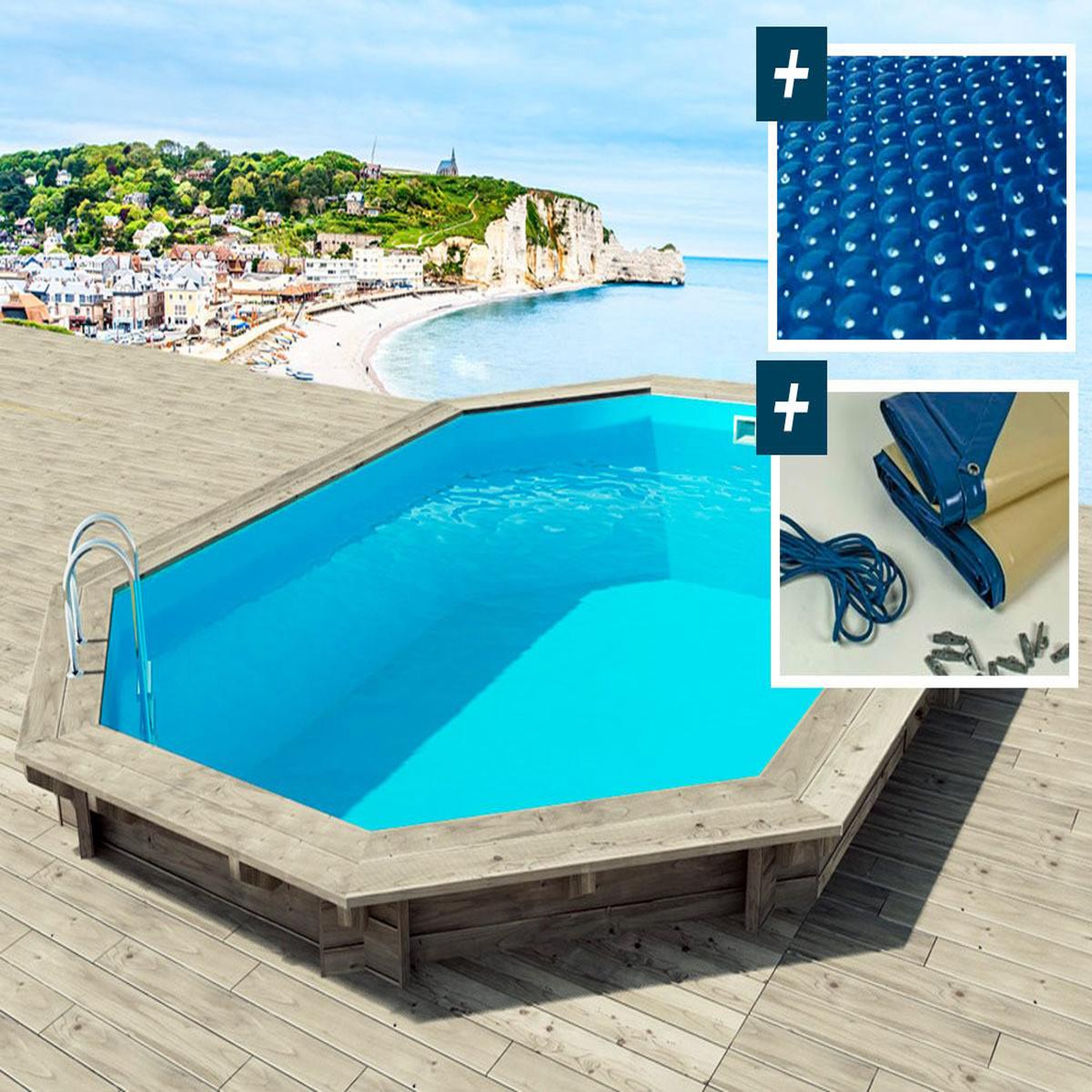 Habitat et Jardin Piscine bois   brazilia    5.86 x 3.86 x 1.20 m - bâche à bulles  180 µ - bâche hiver  280 g/m²