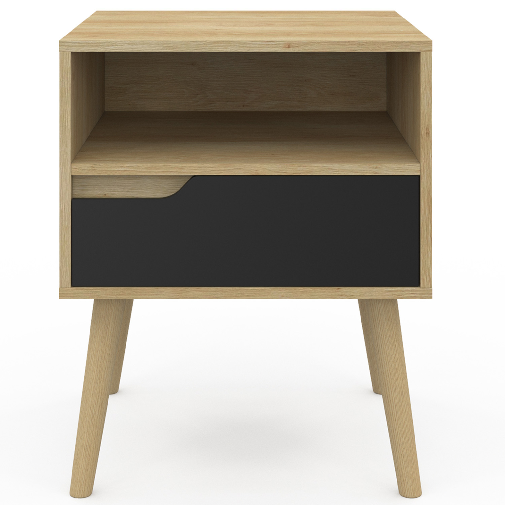 Voir la diapositive 3 : ID MARKET Lot de 2 tables de chevet helsinki scandinaves 1 tiroir avec niche effet hêtre et noir