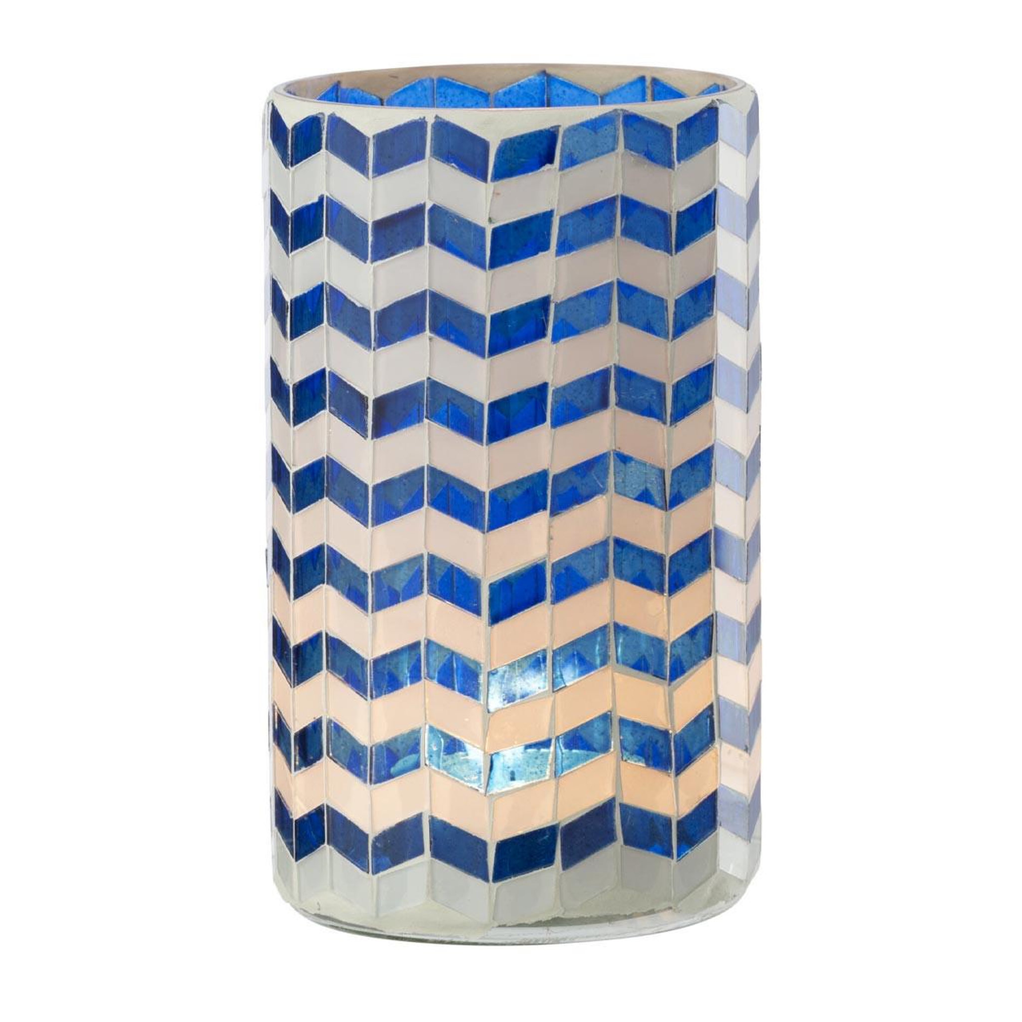 Voir la diapositive 2 : J-LINE Photophore chevrons en verre  santorin  18cm bleu