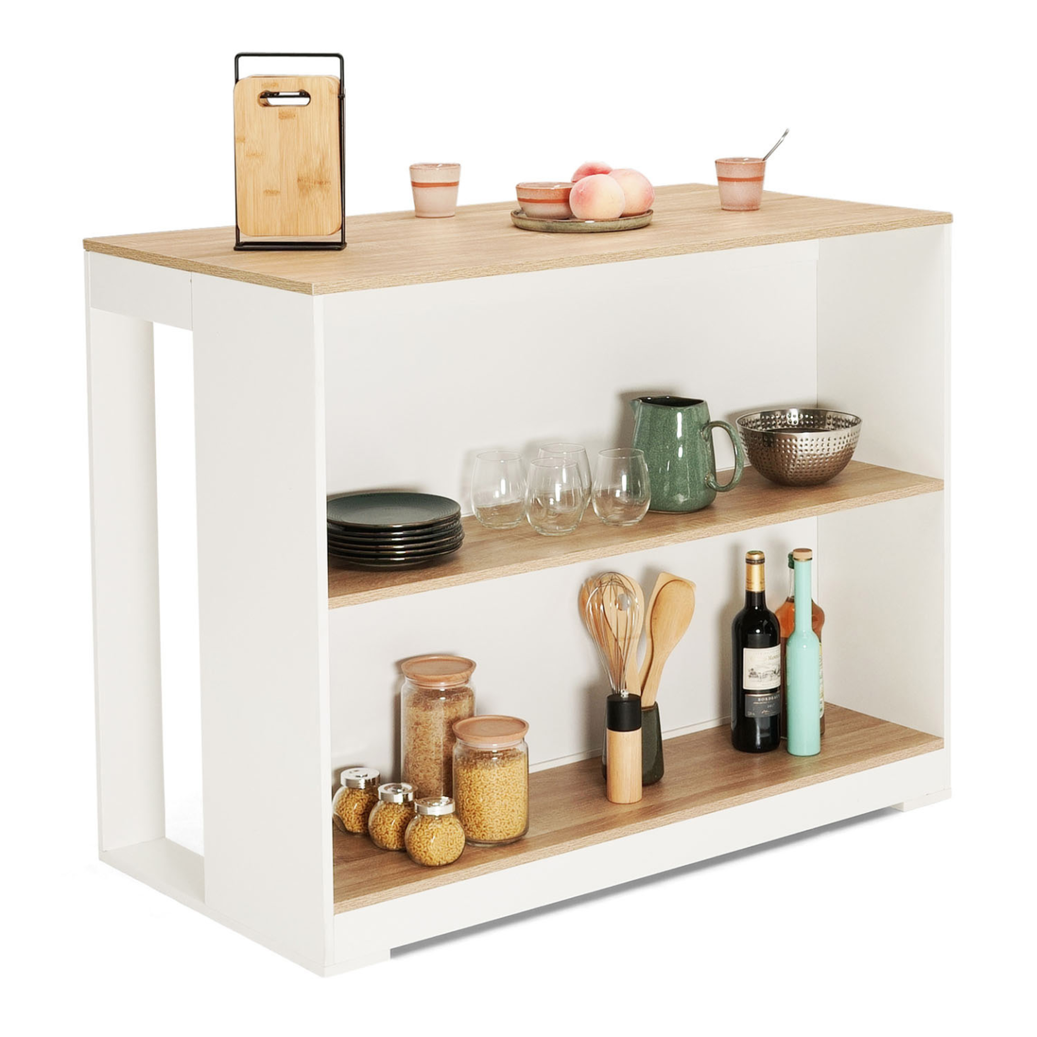 ID MARKET Table de bar îlot juno bois blanc et plateau façon hêtre