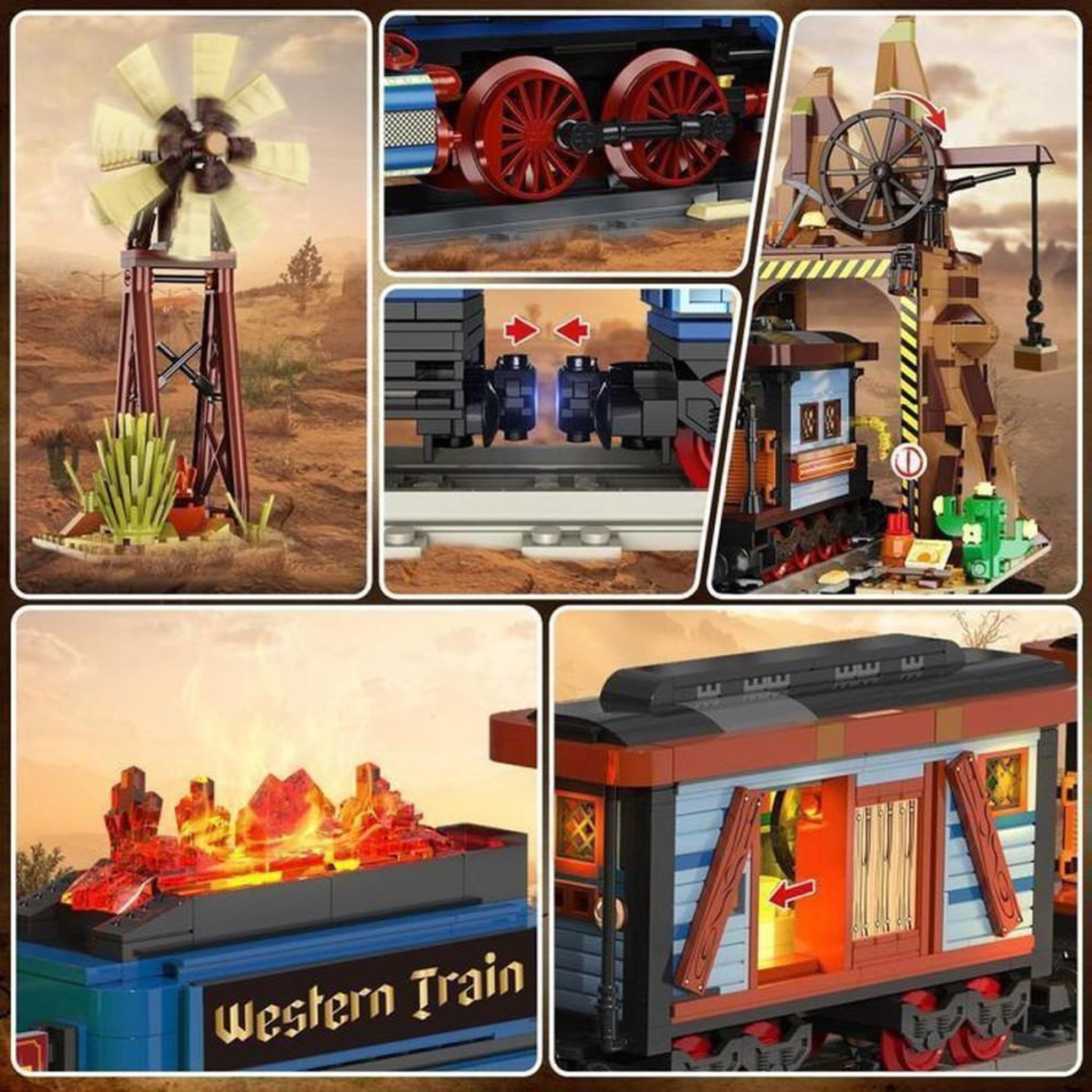 Voir la diapositive 5 : Ensemble de construction train statique Far West 1912 pièces avec rails vintage, moulin à vent rotatif, château d'eau rustique et éclairage LED