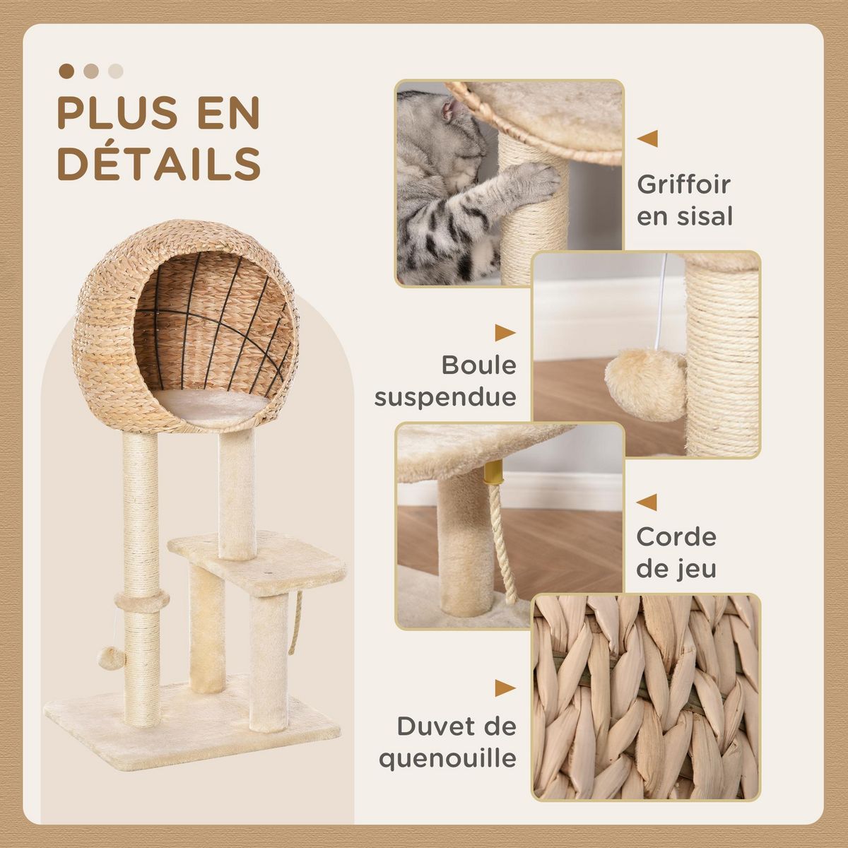 PAWHUT Arbre à chats style cosy chic griffoir sisal naturel grande niche plateformes jeu boule corde escalade peluche courte massette beige
