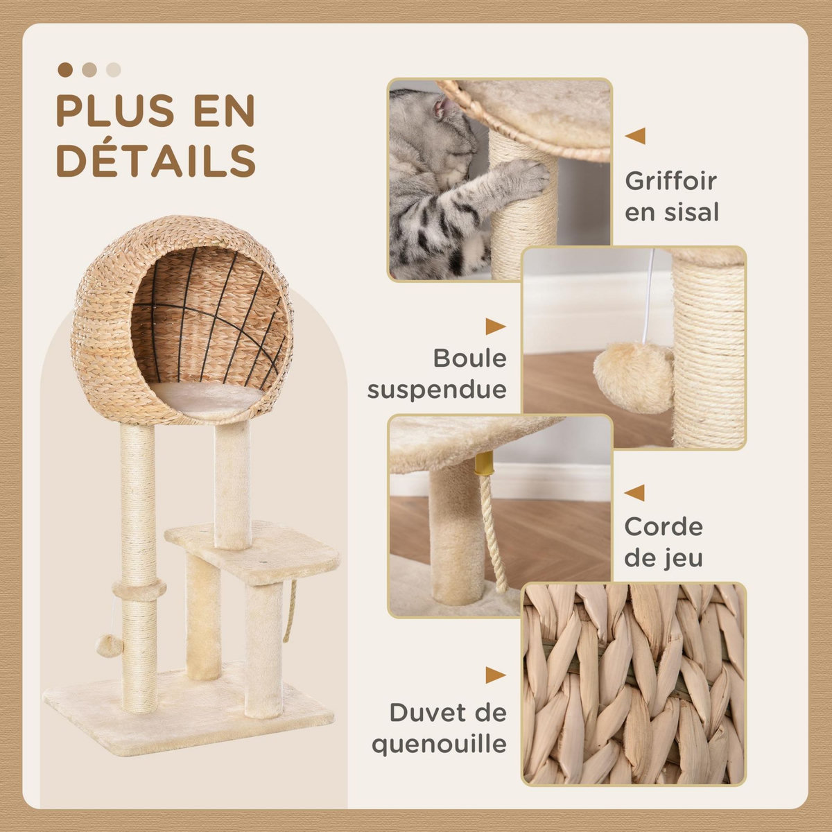 PAWHUT Arbre à chats style cosy chic griffoir sisal naturel grande niche plateformes jeu boule corde escalade peluche courte massette beige