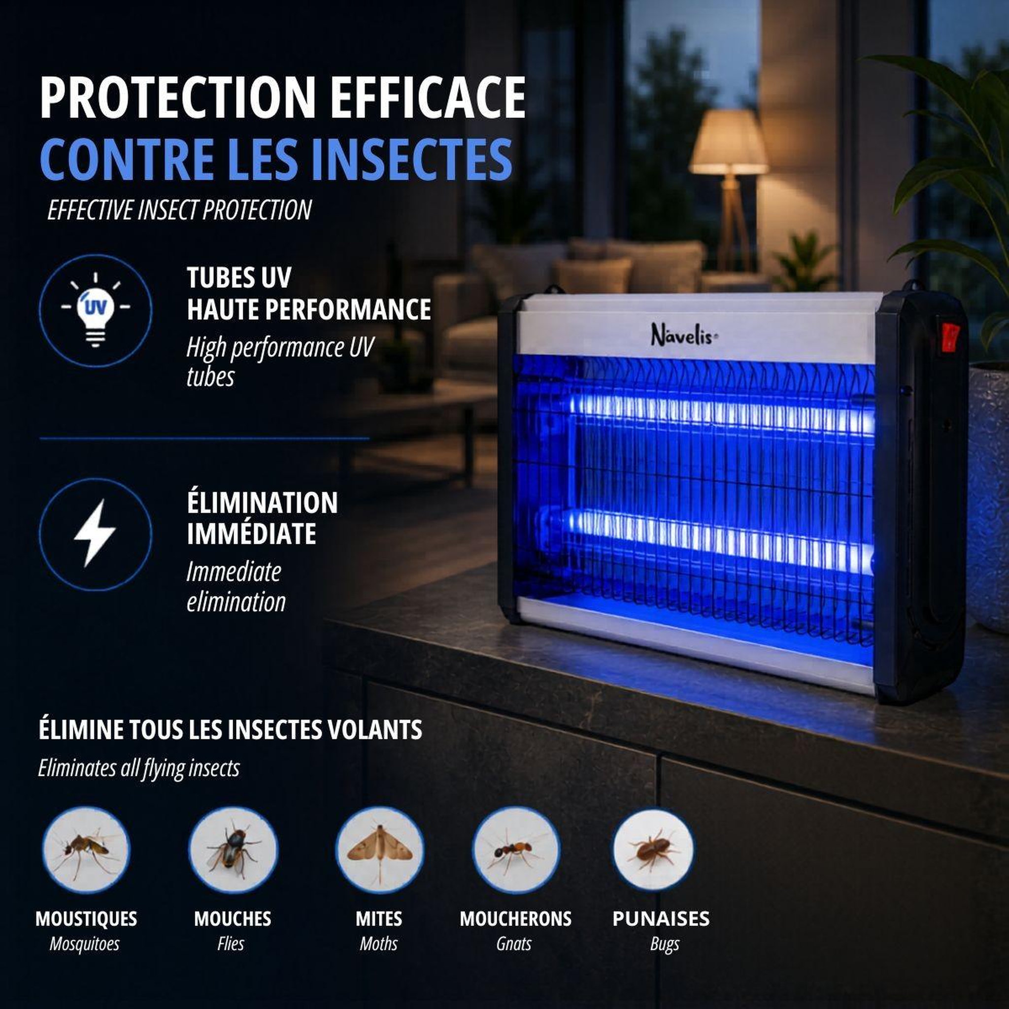 Voir la diapositive 2 : INTEC Lampe anti moustique intérieur extérieur 2500v technologie led 14w surface 120m2 elimine mouches moucherons & insectes volants