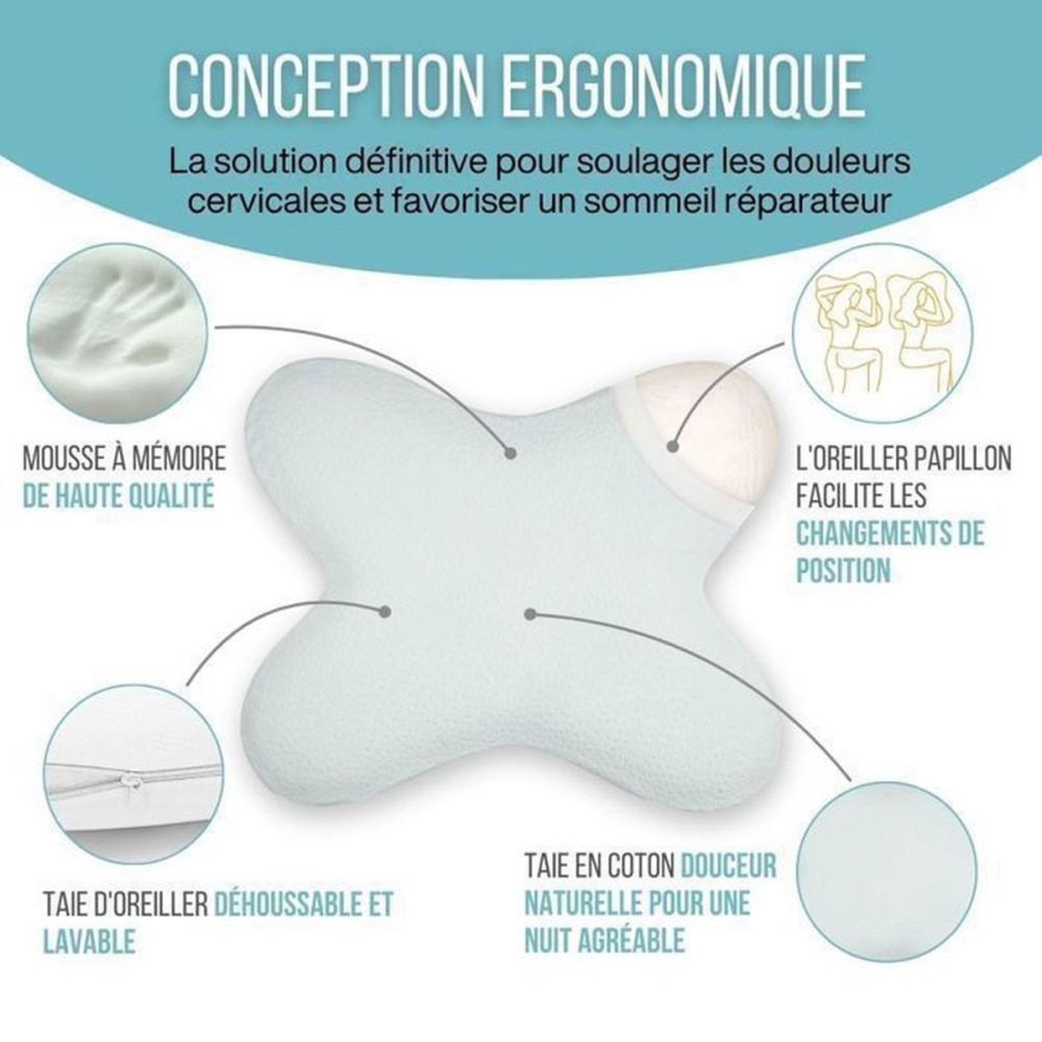 Voir la diapositive 2 : Oreiller Papillon ergonomique à mémoire de forme profil bas 10 cm, 56x46 cm, blanc, taie en coton amovible