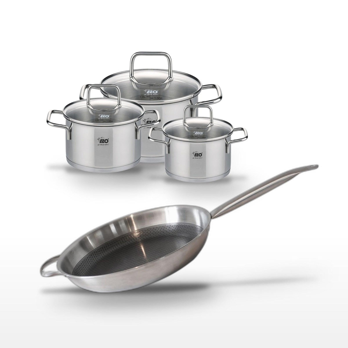 ELO Lot de 3 Faitouts en Inox Elo Relief Solution et Poêle 32 cm