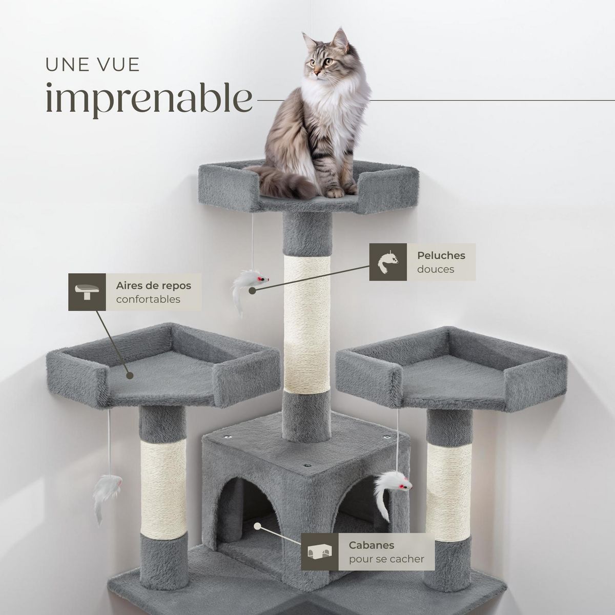 tectake Arbre à chat 170 cm avec griffoir et plateforme d'escalade gris