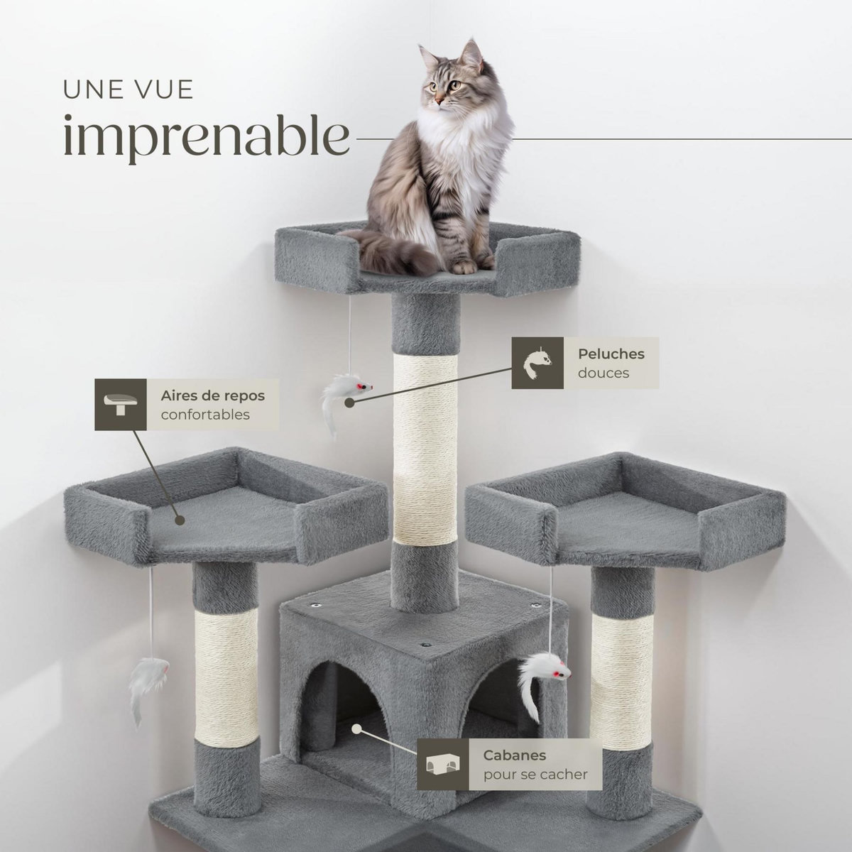 tectake Arbre à chat 170 cm avec griffoir et plateforme d'escalade gris