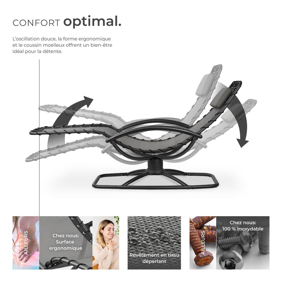 tectake Chaise longue de jardin ergonomique avec mouvement de balancement confortable gris