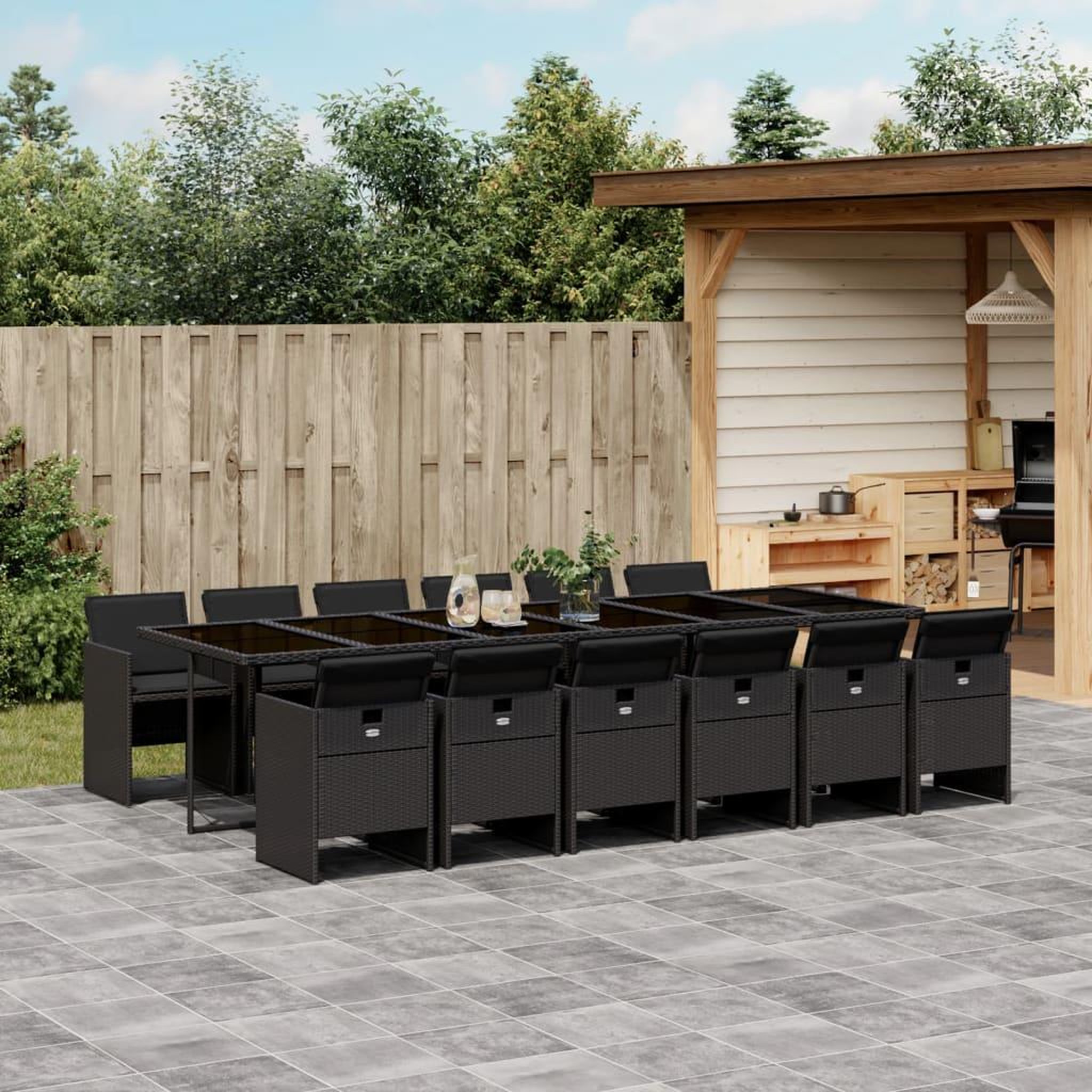 VIDAXL Ensemble a manger de jardin 13 pcs coussins noir resine tressee