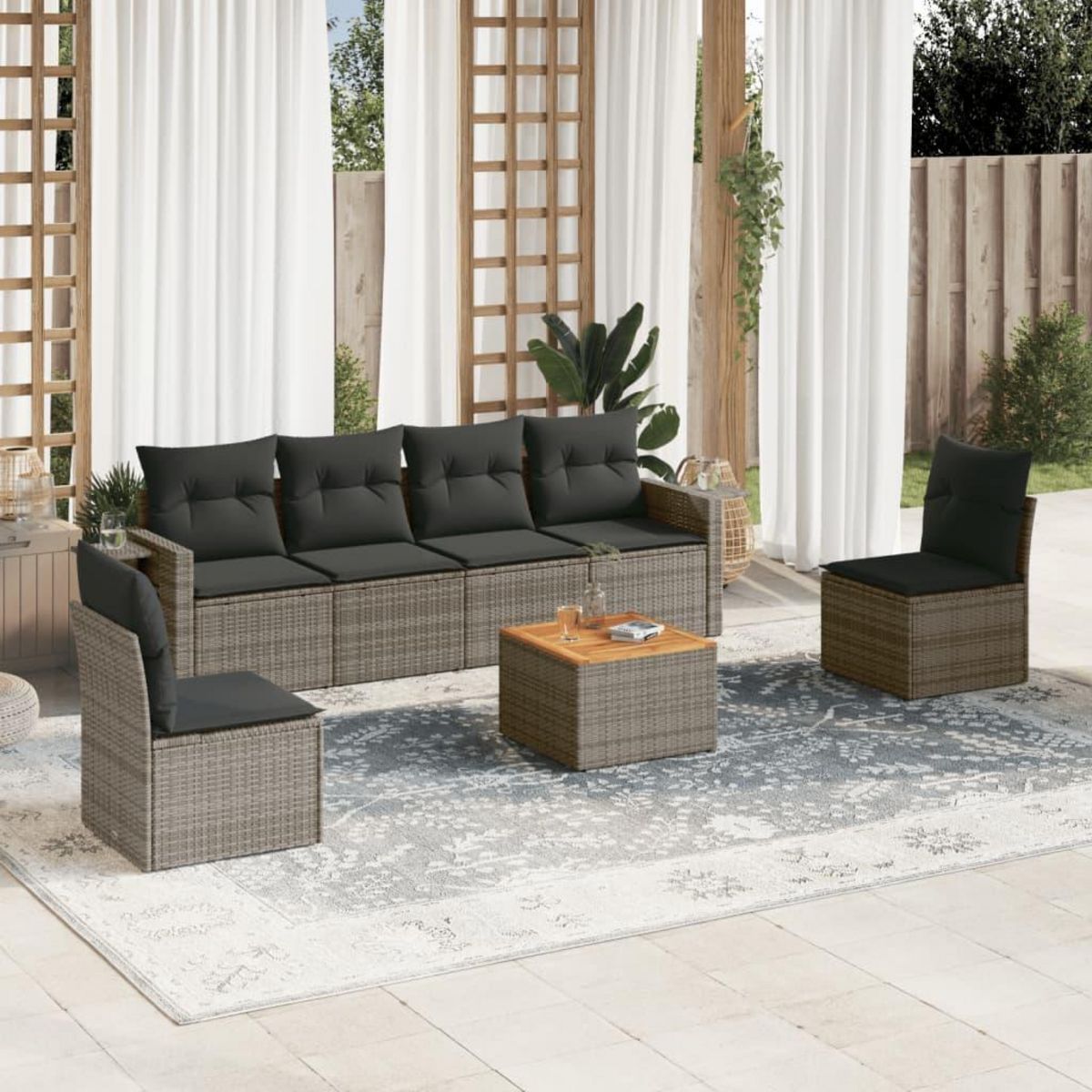 VIDAXL Salon de jardin avec coussins 7 pcs gris resine tressee