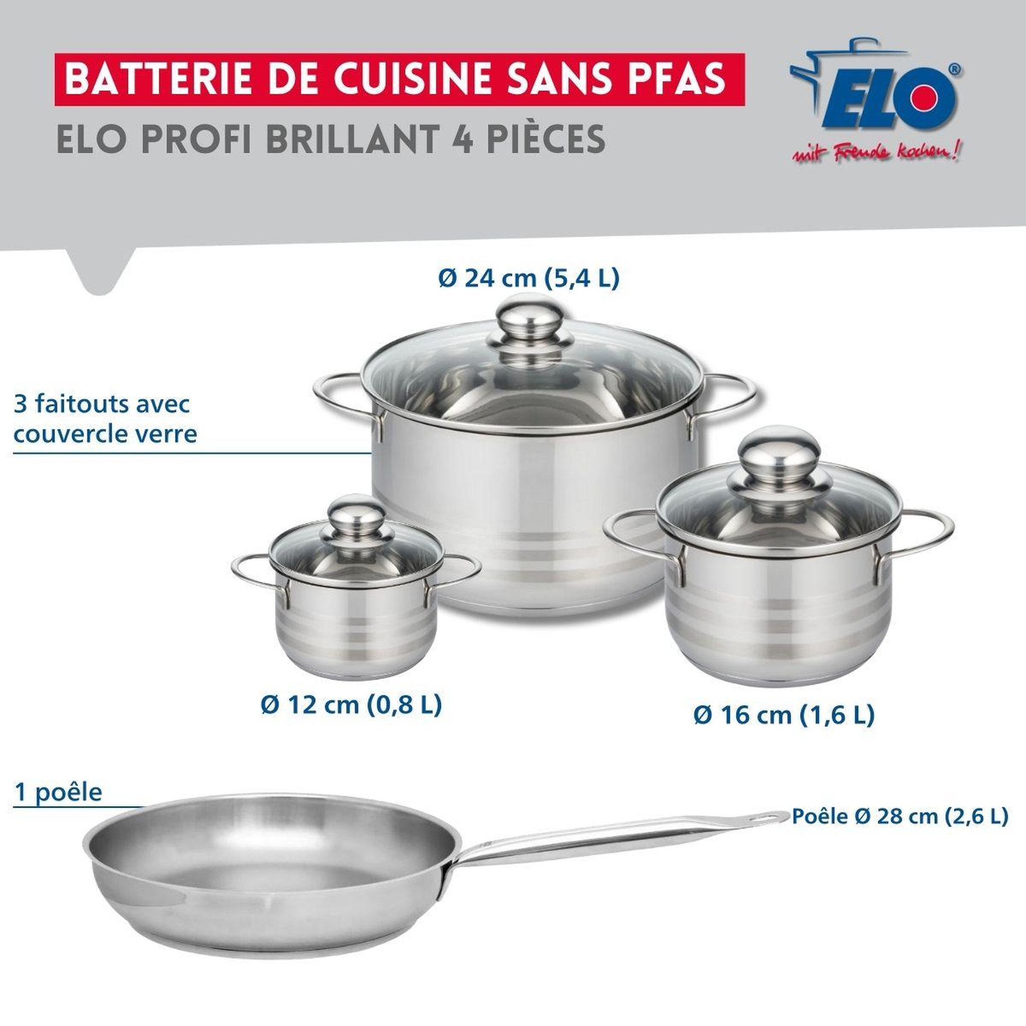 Voir la diapositive 2 : ELO Ensemble de 1 poêle de cuisson 28 cm et 3 faitouts 12, 16 et 24 cm elo profi brillant