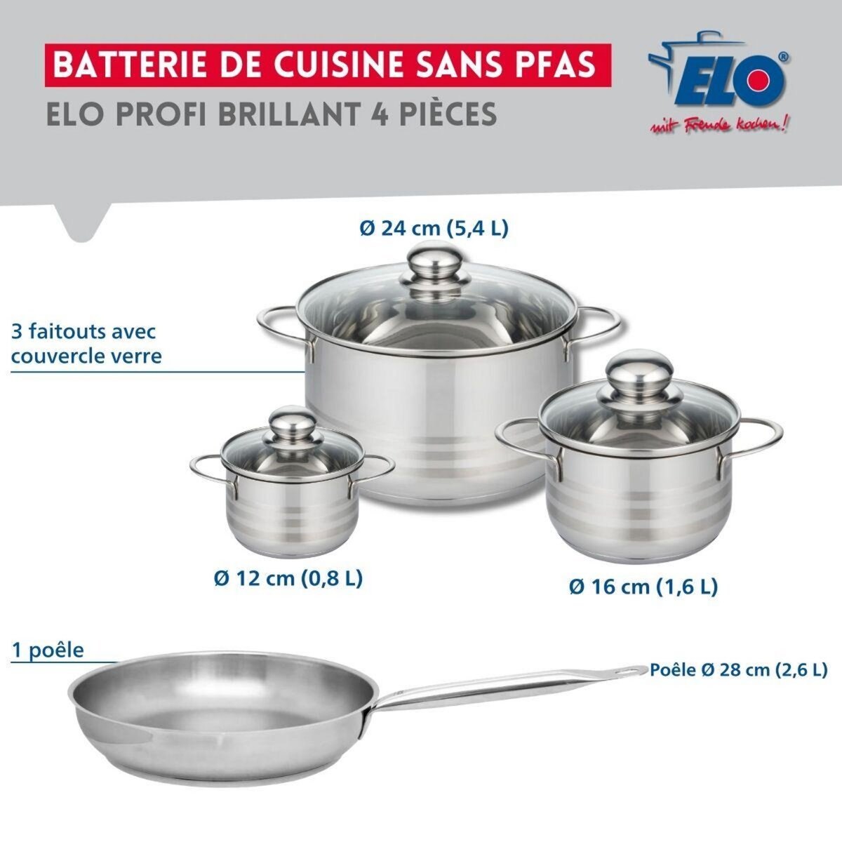 ELO Ensemble de 1 Poêle de cuisson 28 cm et 3 faitouts 12, 16 et 24 cm Elo Profi Brillant