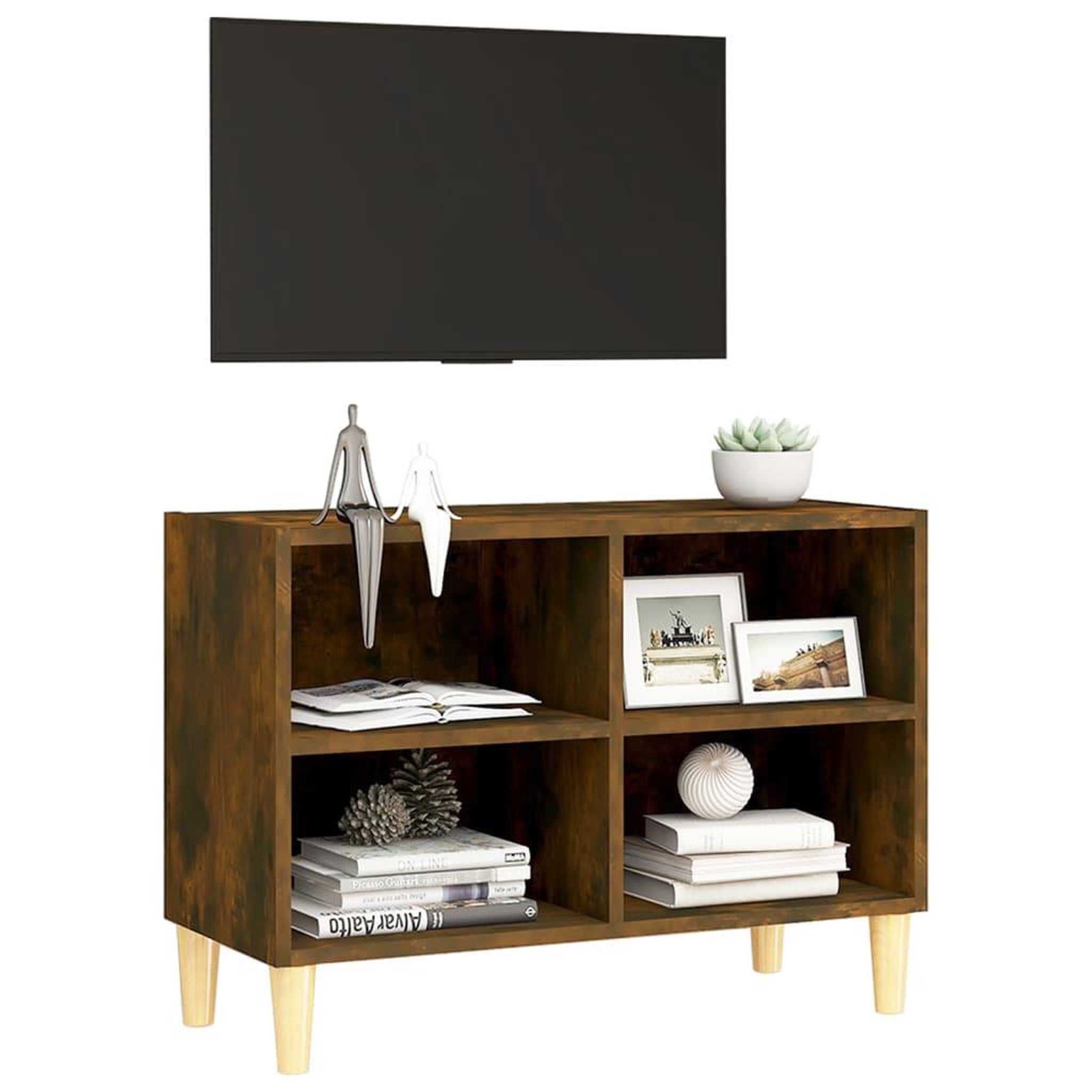 Voir la diapositive 3 : VIDAXL Meuble TV avec pieds en bois massif Chene fume 69,5x30x50 cm