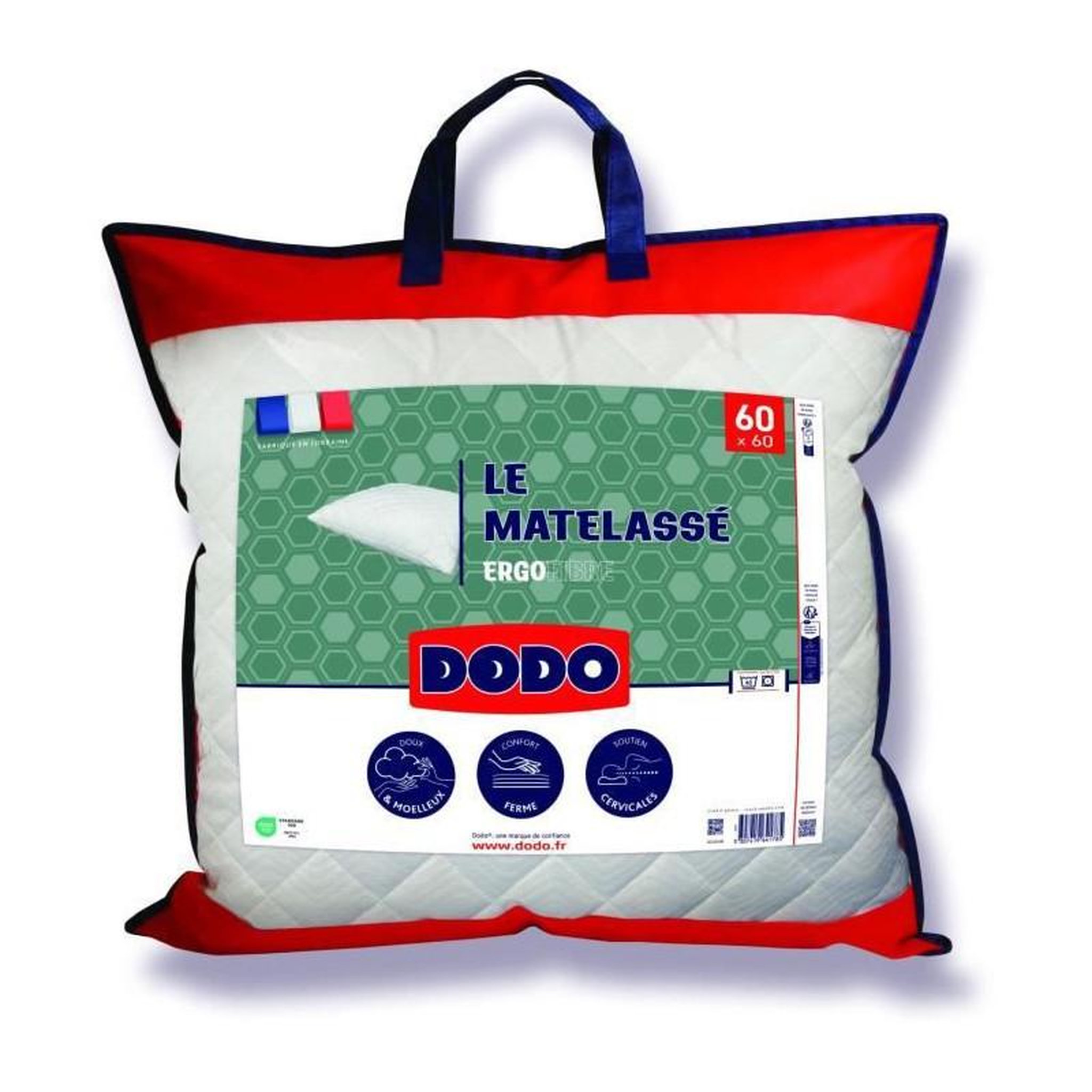 DODO Oreiller Le Matelassé DODO - 60x60 cm - Soutien ferme - Taie déhoussable - Fabriqué en France