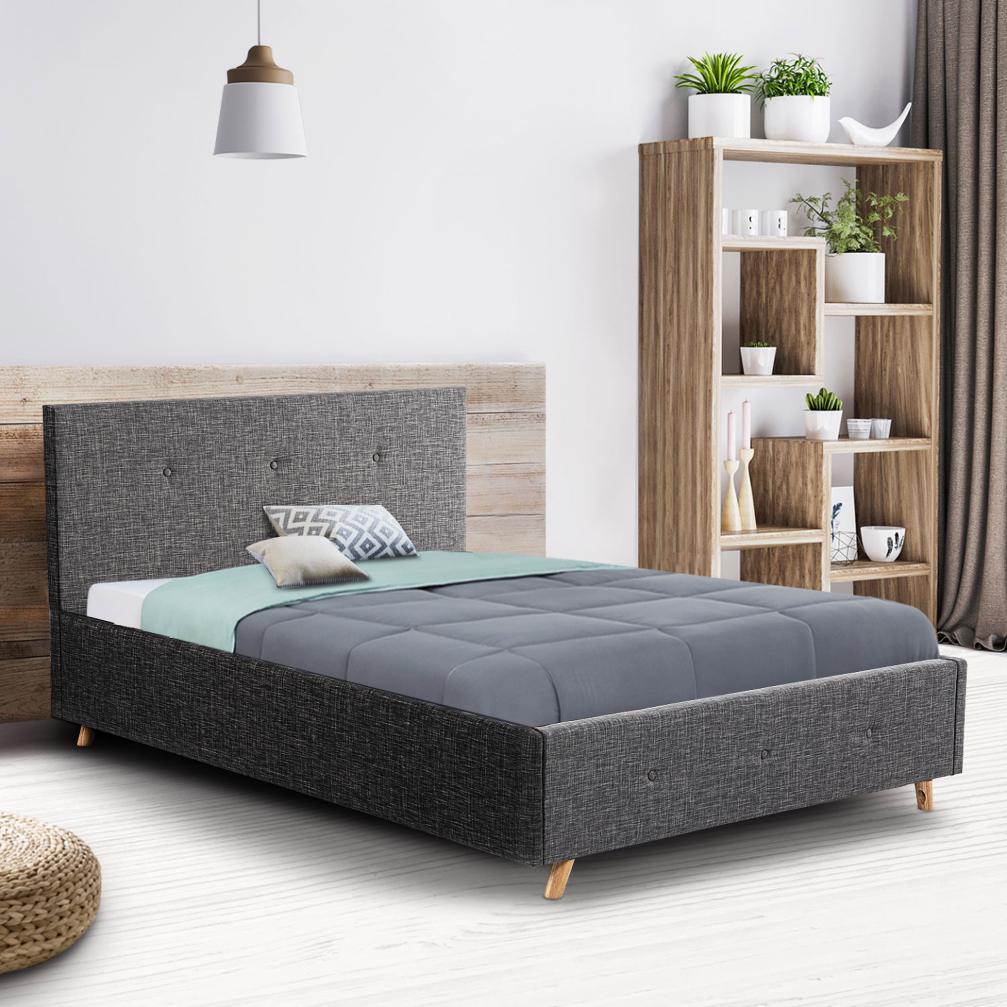 Voir la diapositive 4 : ID MARKET Lit coffre double scandinave lulea avec tête de lit et sommier 140 x 190 cm tissu gris anthracite