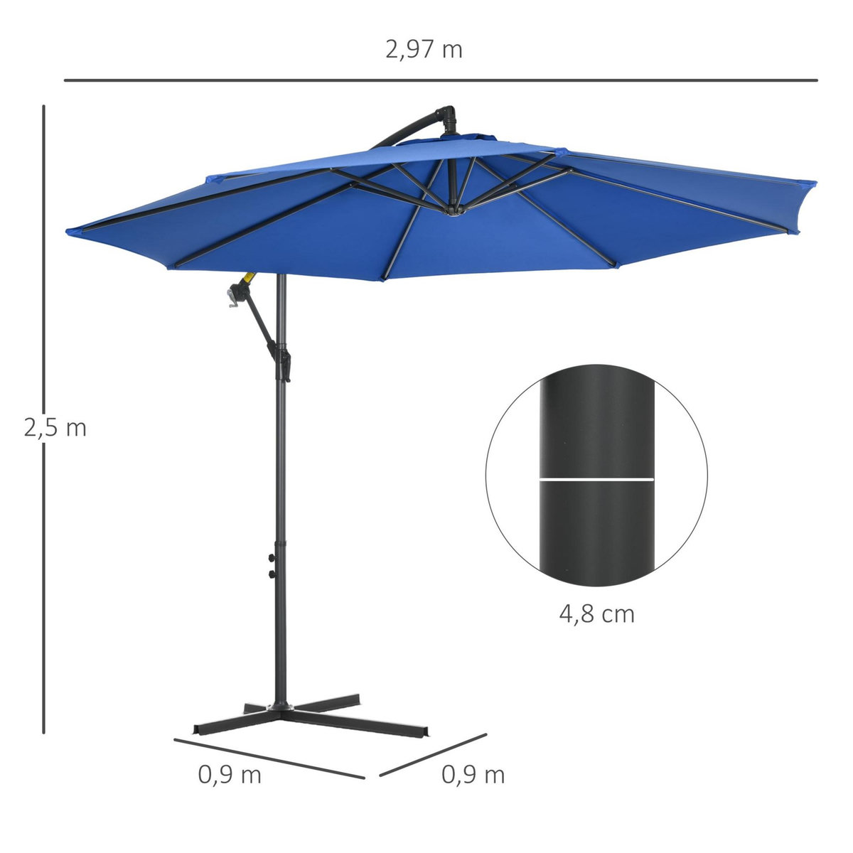 OUTSUNNY Parasol déporté octogonal inclinable rabattable diamètre 2,97 m parasol de jardin avec pied en croix bleu