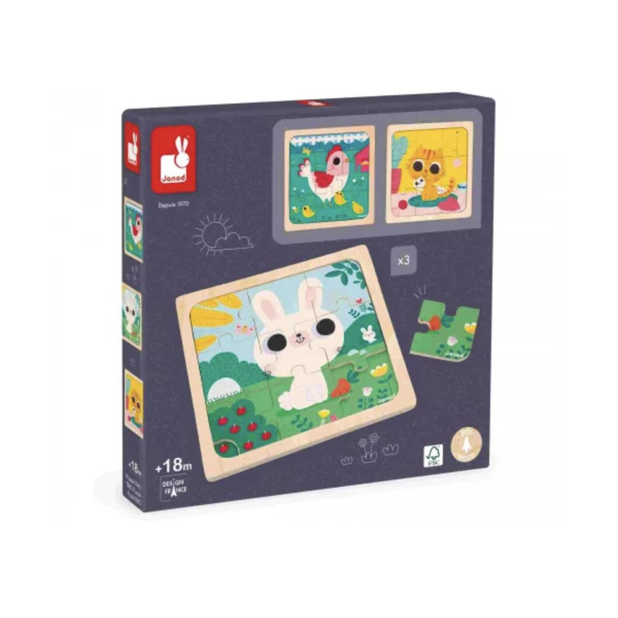 JANOD Puzzle trio lapin chat et poule