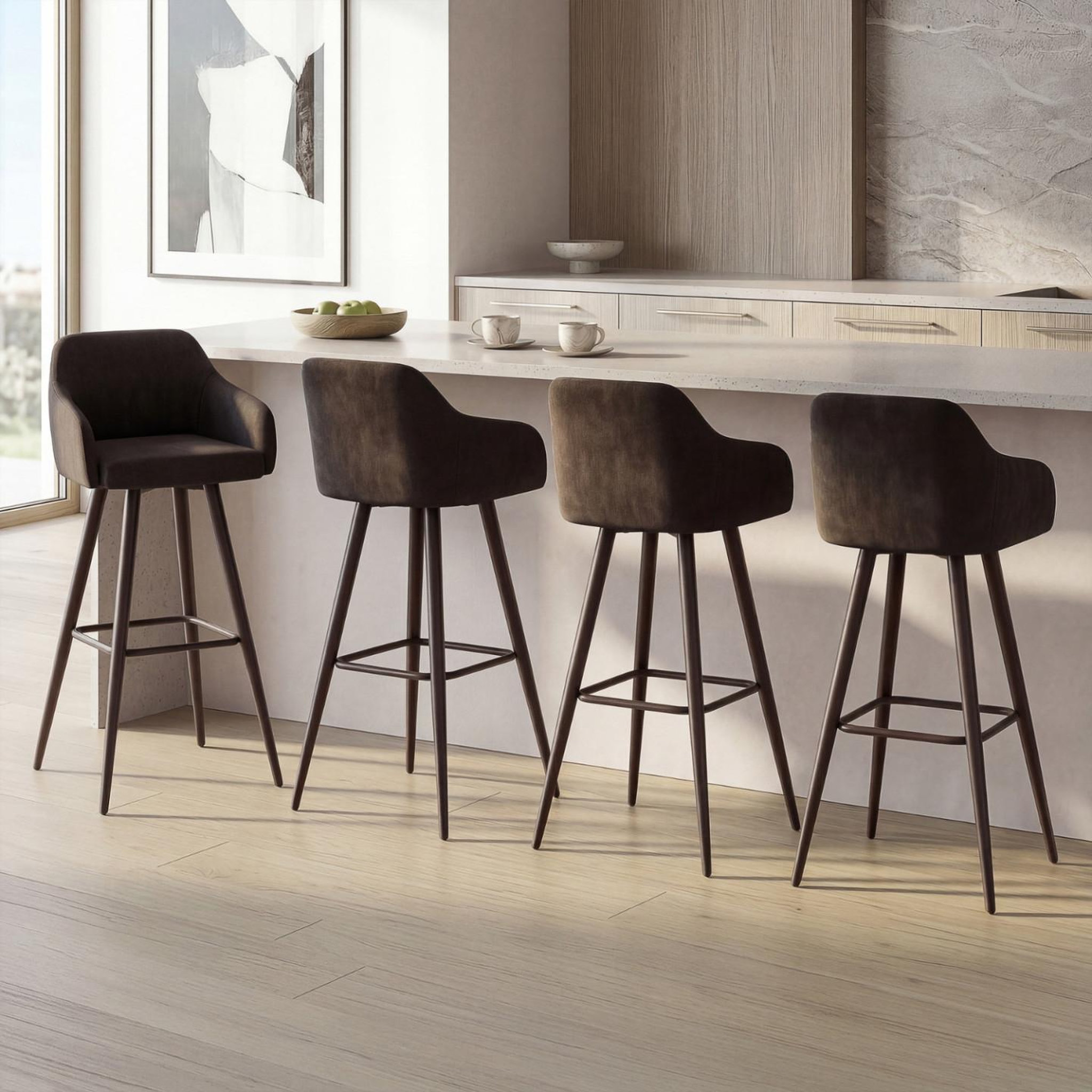 Voir la diapositive 2 : ID MARKET Lot de 4 tabourets de bar jany pivotants avec accoudoirs en velours noir et pieds bois noir