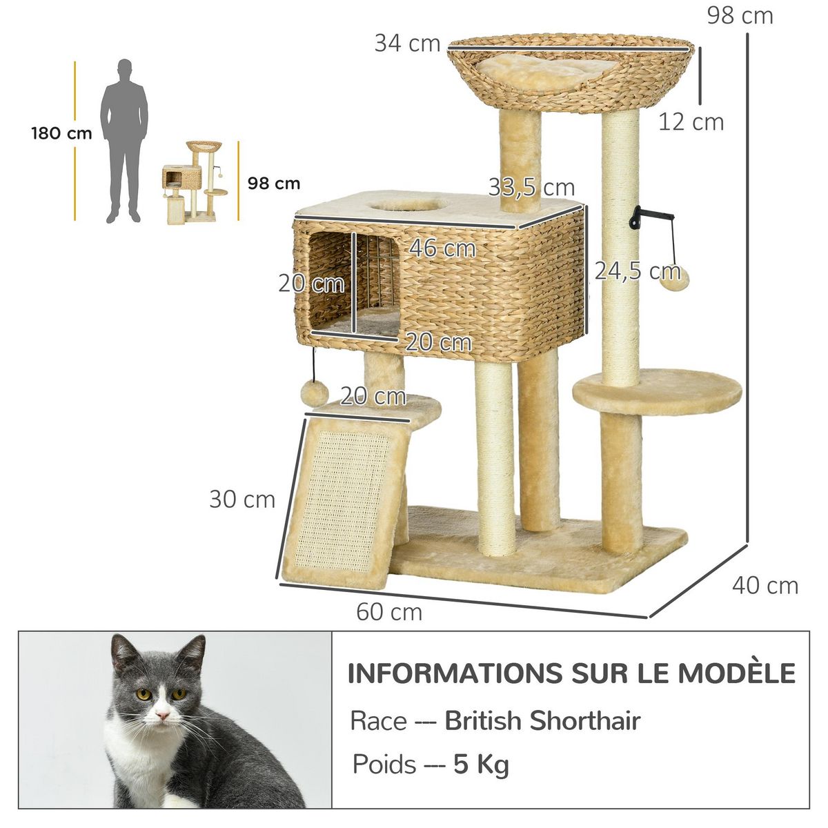 PAWHUT Arbre à chat style cosy chic griffoirs sisal naturel équipement multiple peluche jacinthe d'eau beige