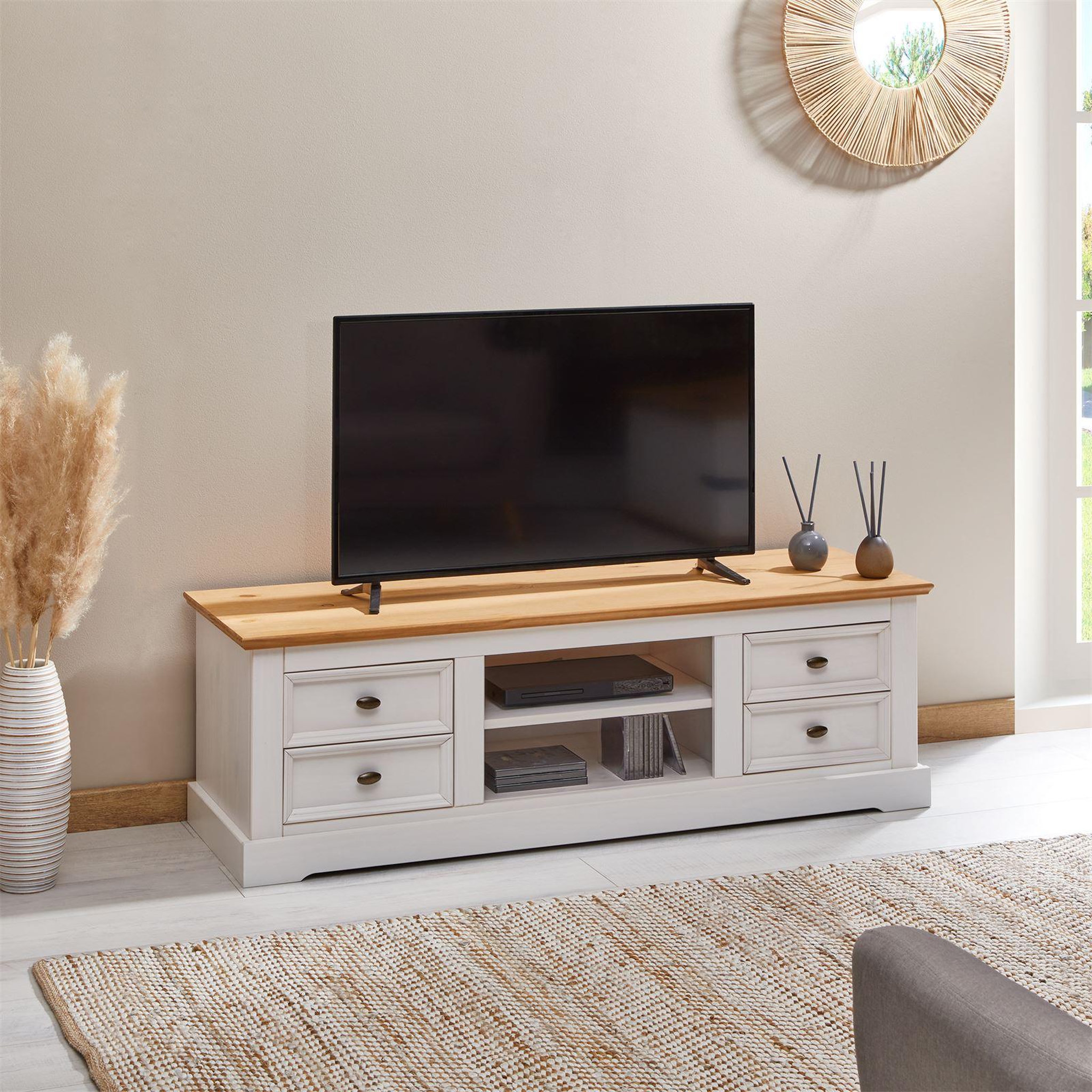 Voir la diapositive 2 : IDIMEX Meuble TV KENT en pin massif, avec 4 tiroirs