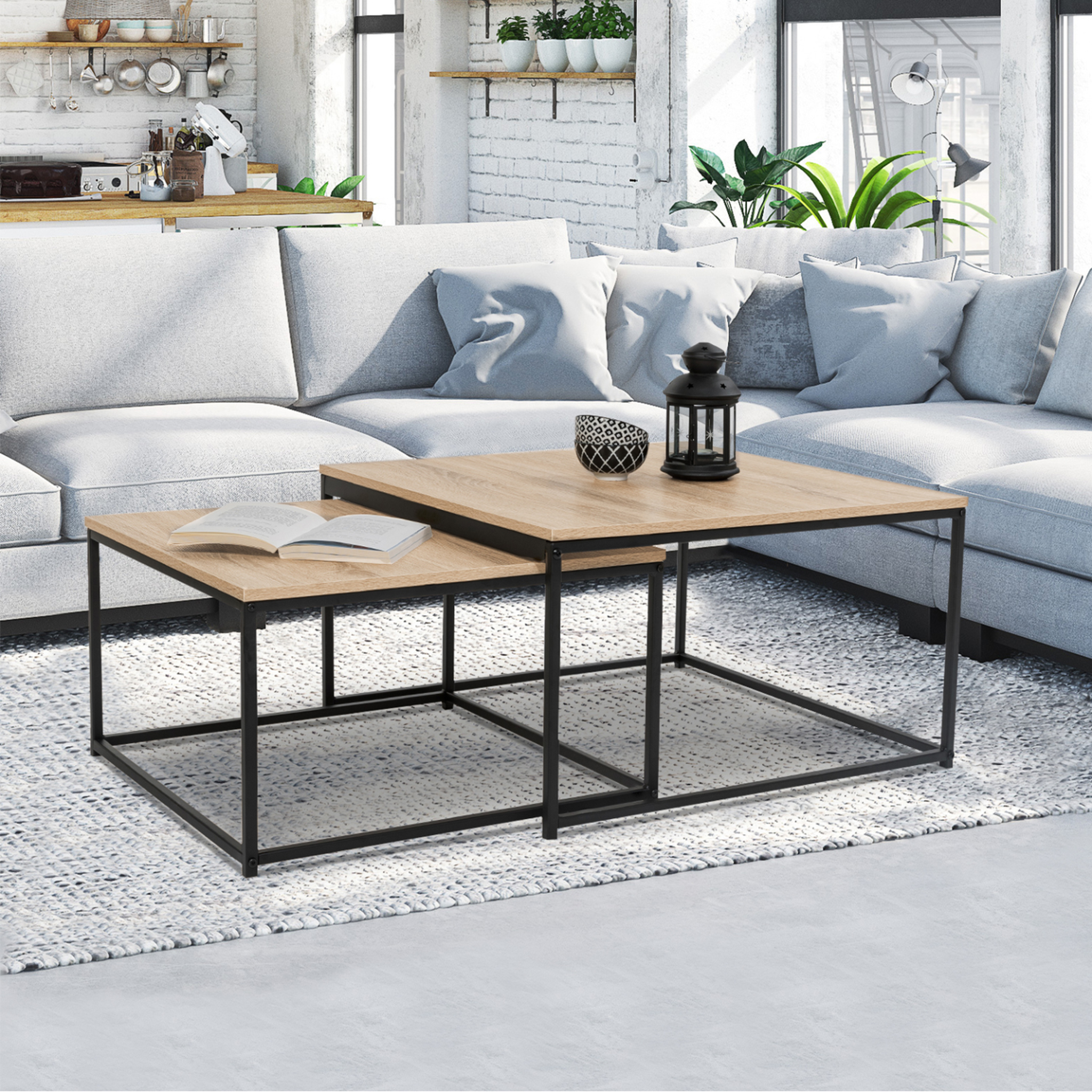 Voir la diapositive 2 : ID MARKET Lot de 2 tables basses gigognes detroit 60/70 design industriel