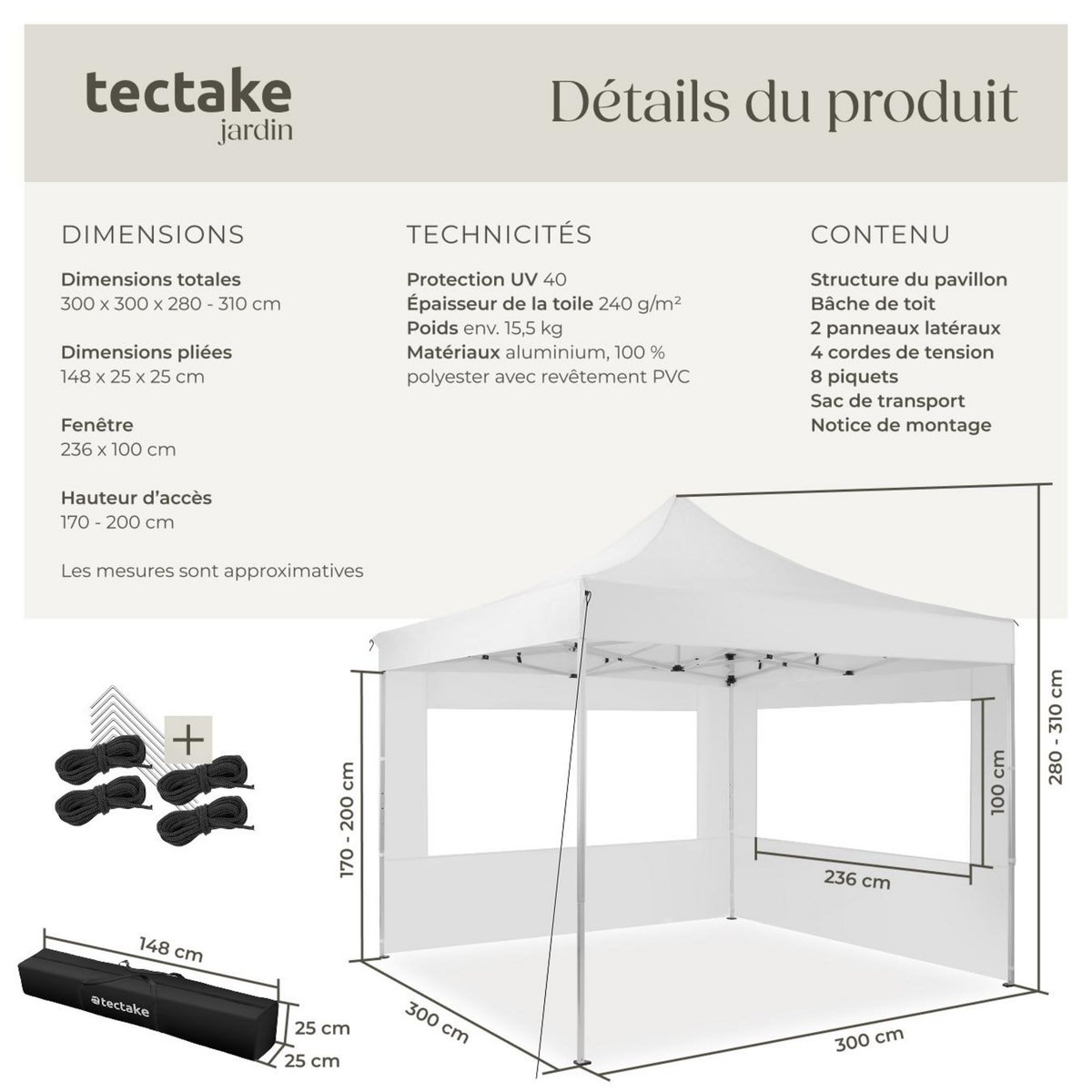 tectake Pavillon de jardin 3 x 3 m avec cadre en aluminium blanc