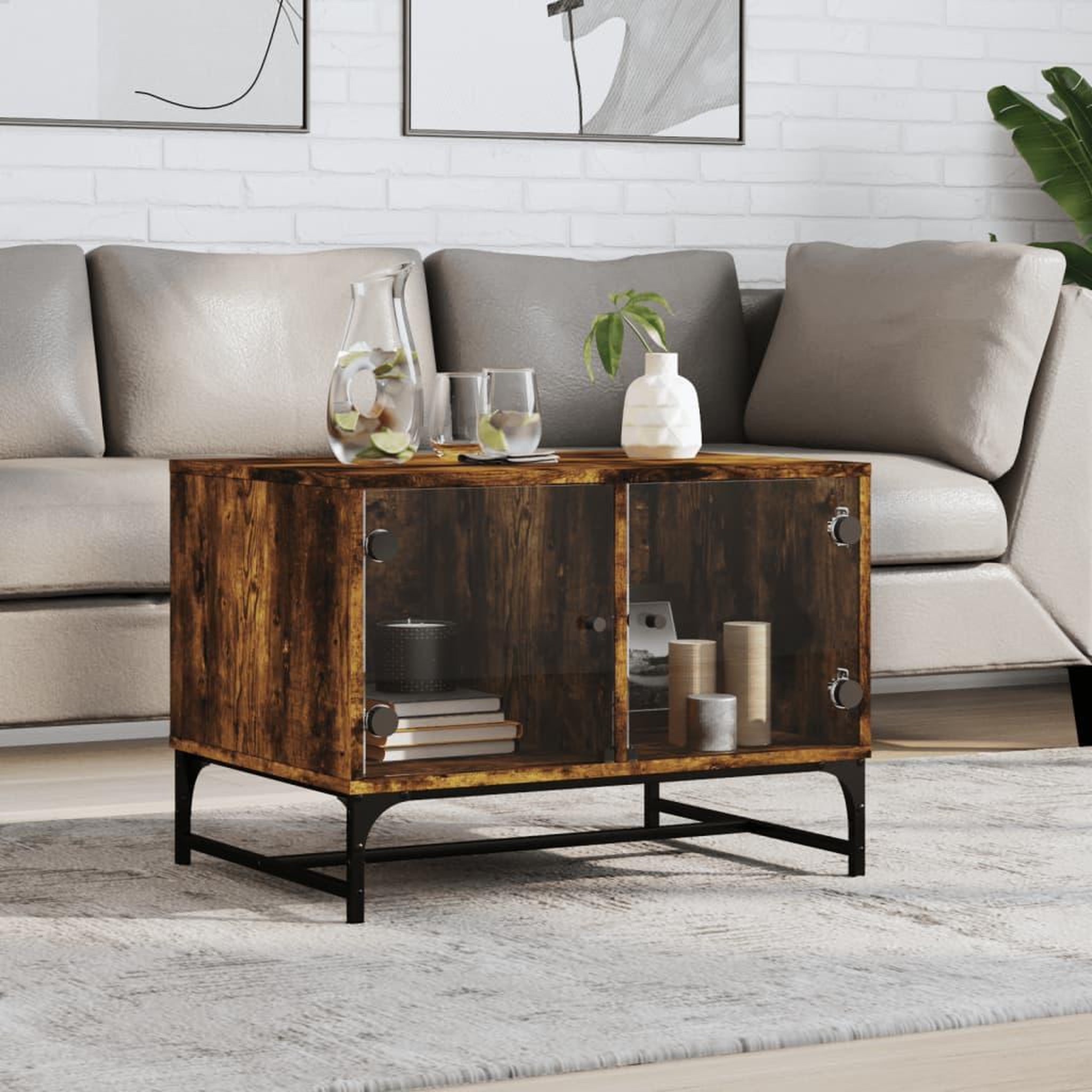 VIDAXL Table basse avec portes en verre chene fume 68,5x50x50 cm