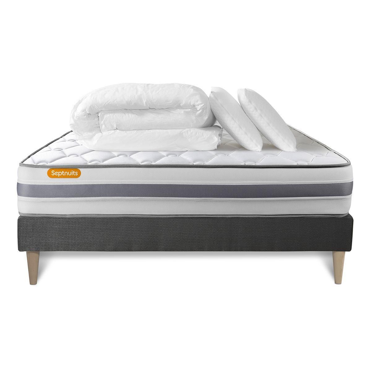 SEPTNUITS Pack matelas + sommier kit gris Memo Spring Ressorts ensachés MAXI épaisseur + Couette + 2 oreillers