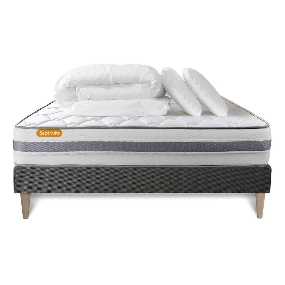 SEPTNUITS Pack matelas + sommier kit gris Memo Spring Ressorts ensachés MAXI épaisseur + Couette + 2 oreillers