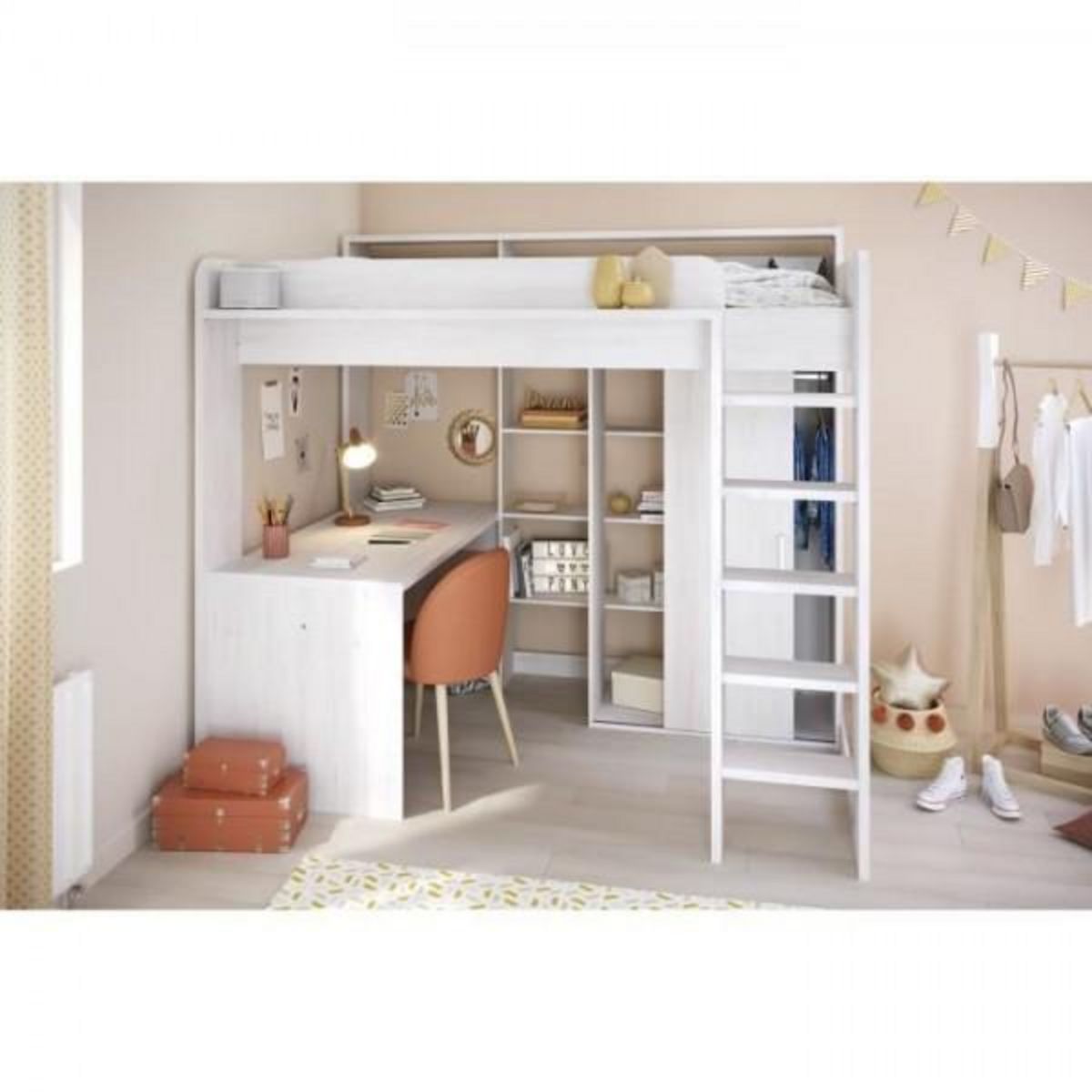 PARISOT Lit combiné mezzanine enfant PARISOT Lena - Pin Petterson - Sommier inclus - 90 x 200 cm
