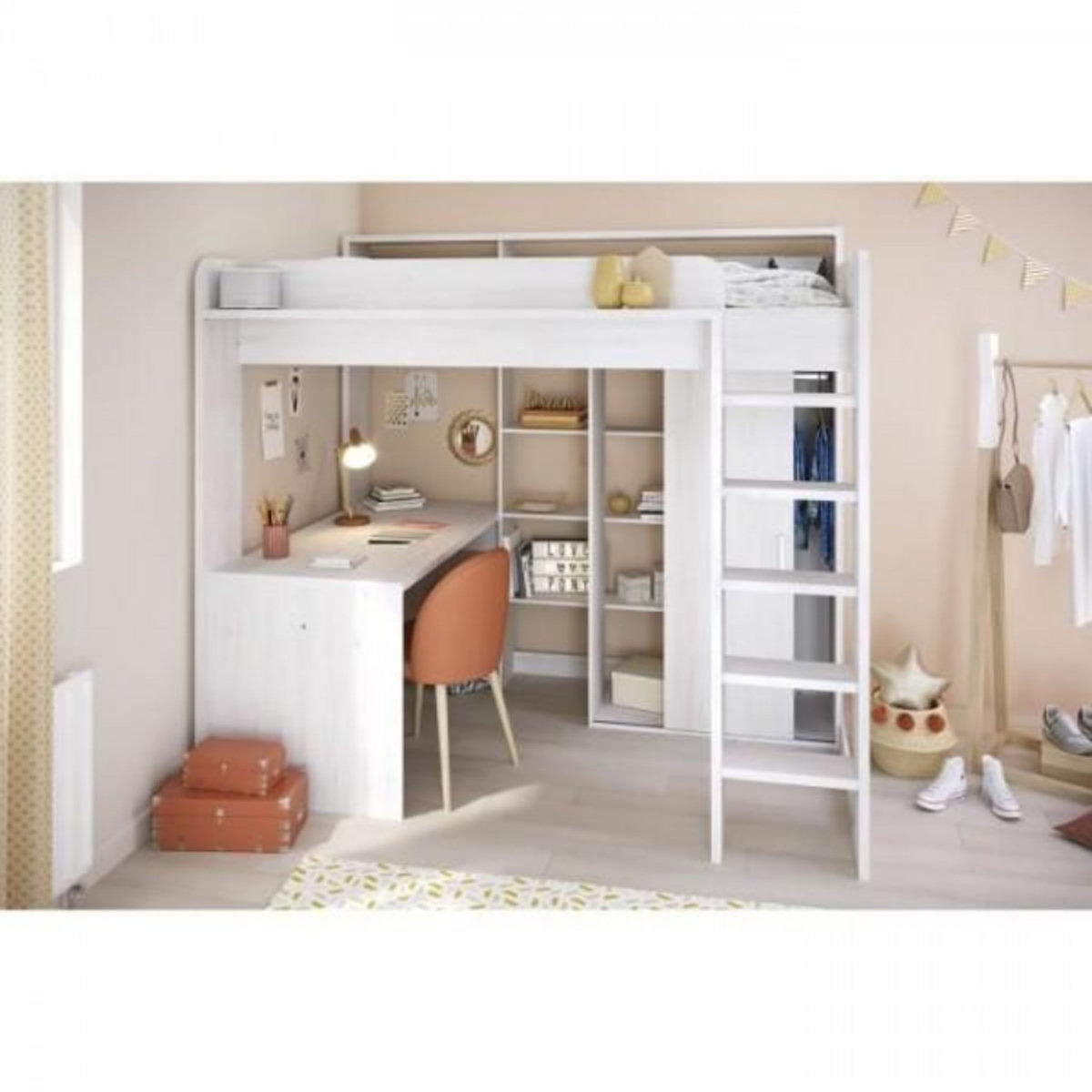 PARISOT Lit combiné mezzanine enfant PARISOT Lena - Pin Petterson - Sommier inclus - 90 x 200 cm