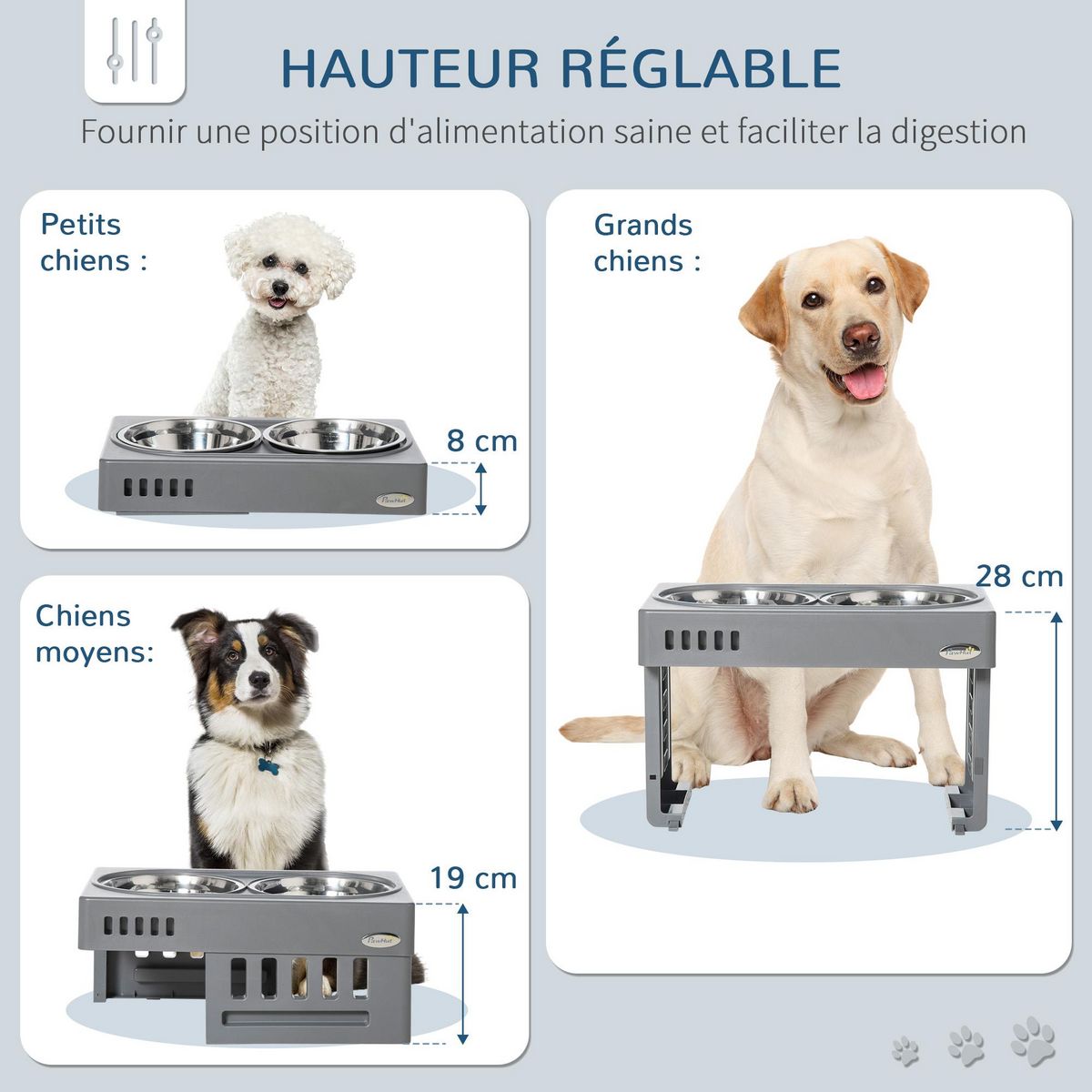 PAWHUT Gamelle double chien porte-gamelles surélevé pliable hauteur réglable 8/19/28 cm 2 gamelles acier inox. incluses gris