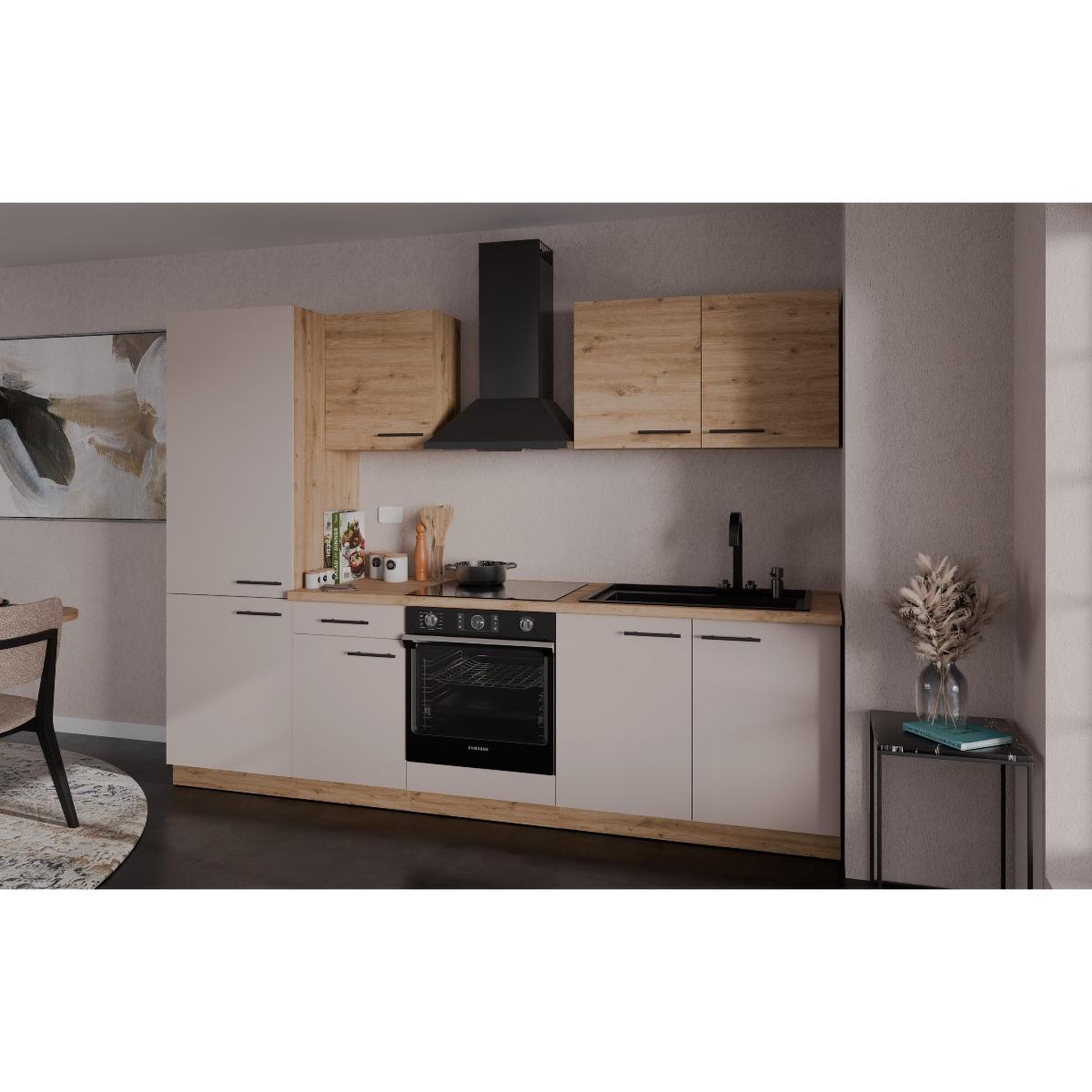Voir la diapositive 3 : JLC KREATION Cuisine complète moderne beige et bois 270cm nala