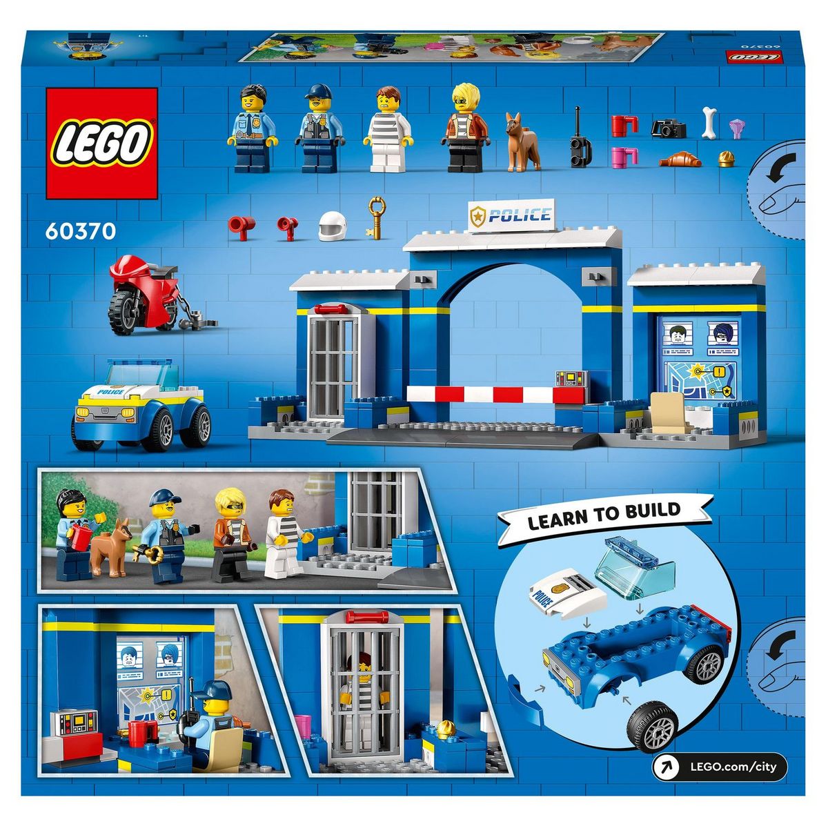 LEGO City 60370 La course poursuite au poste de police, Voiture Jouet et Moto, Prison, 4 Minifigurines et Figurine de Chien, Évasion Prison