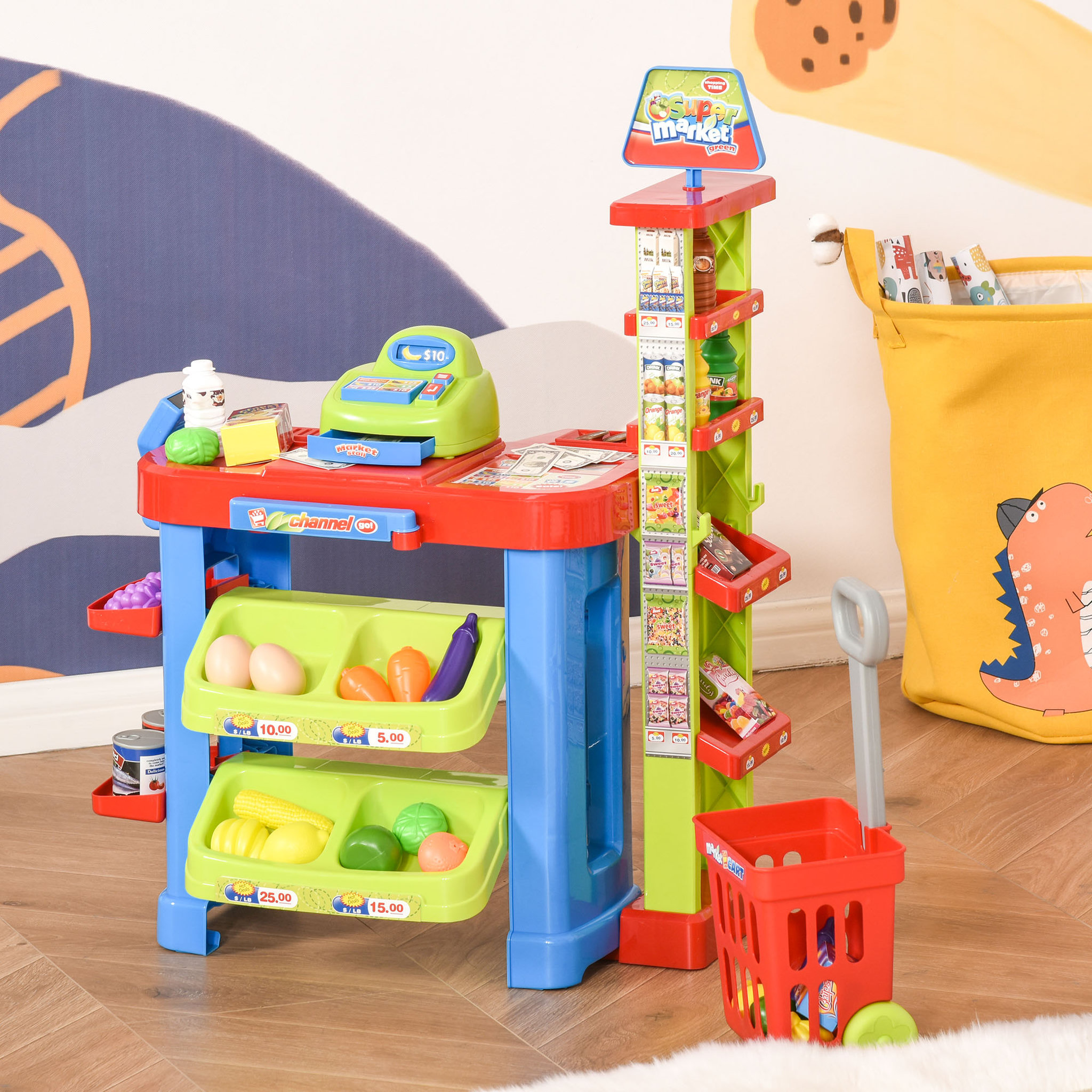 Voir la diapositive 2 : HOMCOM Jeu d'imitation commerçant jeu de la marchande caddie + caisse enregistreuse et 45 accessoires inclus effets lumineux sonores